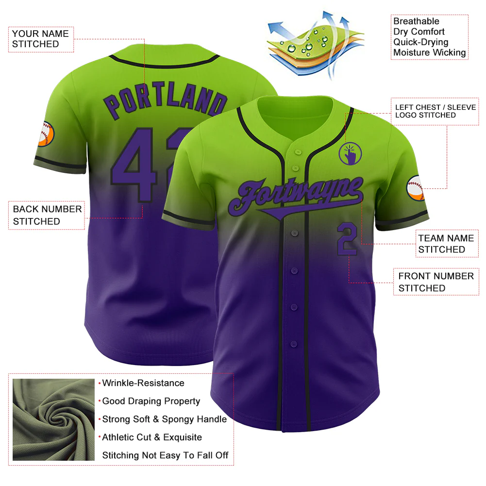 Custom Neon Green Purple-Black Authentic Fade Fashion Baseball Jersey - Image 3
