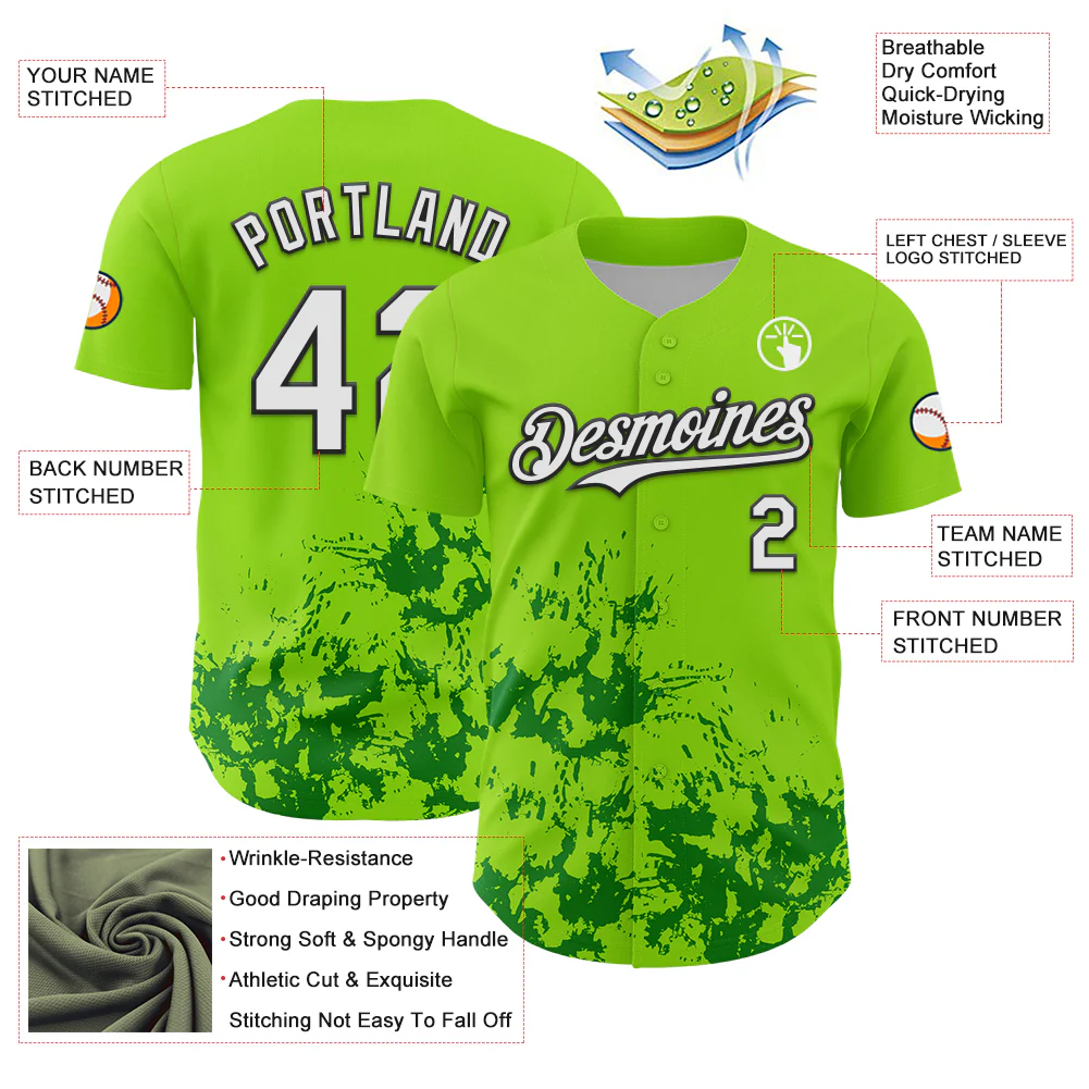 Custom Neon Green White Black-Green Splatter Authentic Baseball Jersey - Image 3