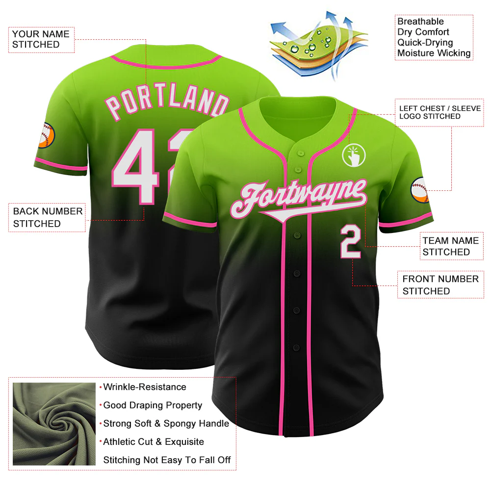 Custom Neon Green Black-Pink Authentic Fade Fashion Baseball Jersey - Image 3