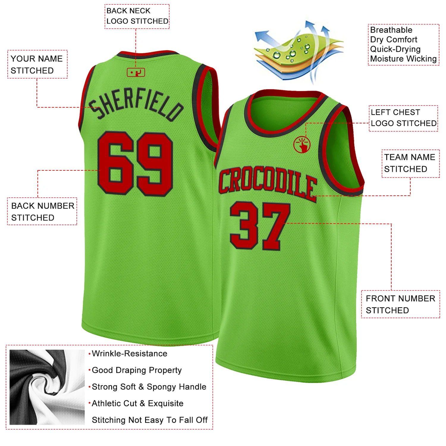 Custom Neon Green Red-Black Authentic Basketball Jersey - Image 2