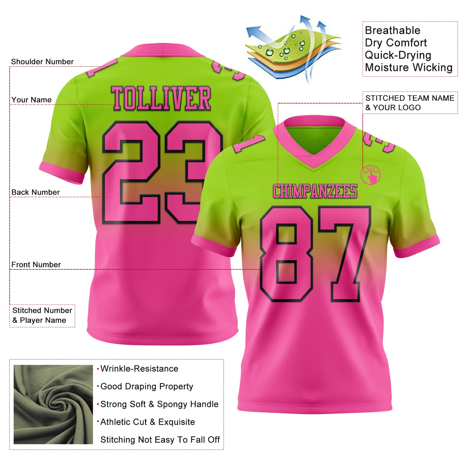 Custom Neon Green Pink-Black Authentic Fade Fashion Football Jersey - Image 2