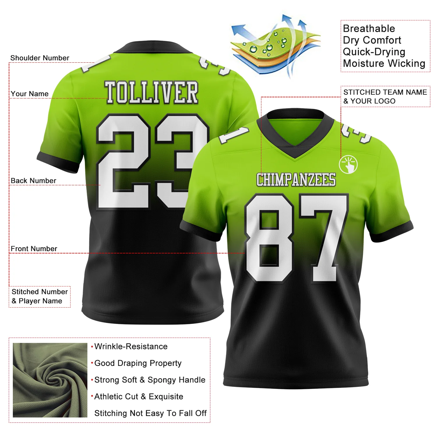 Custom Neon Green White-Black Authentic Fade Fashion Football Jersey - Image 2