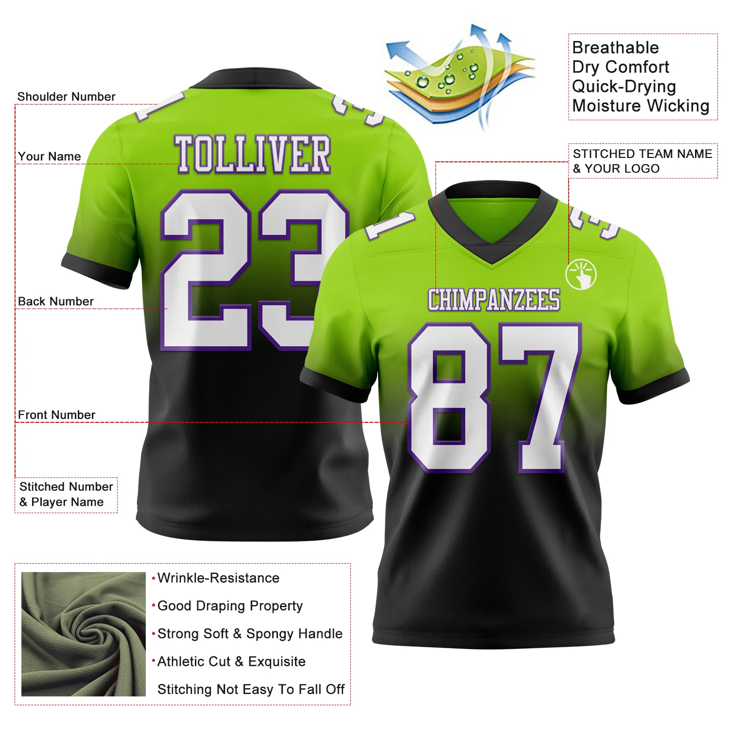 Custom Neon Green White Black-Purple Authentic Fade Fashion Football Jersey - Image 2
