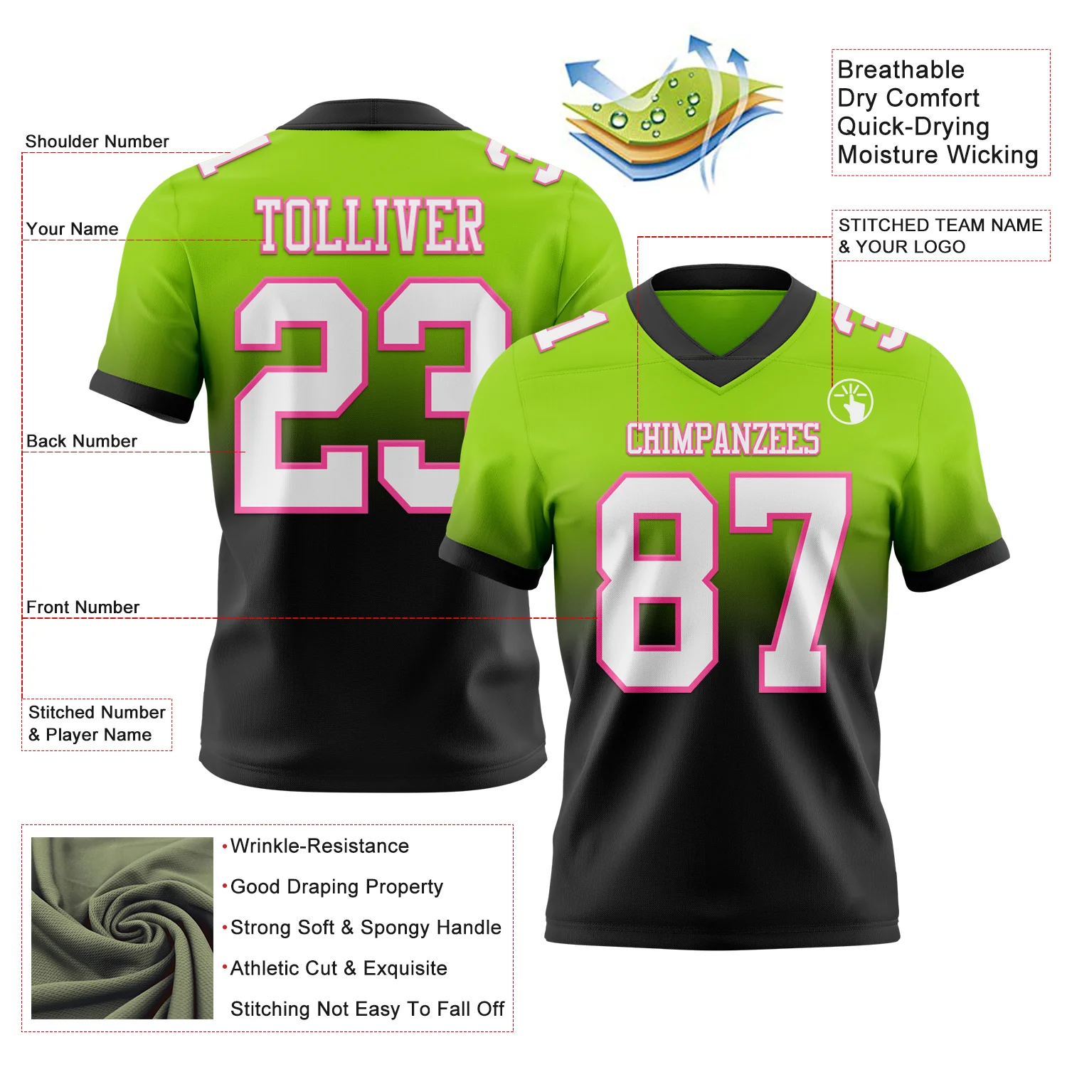 Custom Neon Green White Black-Pink Authentic Fade Fashion Football Jersey - Image 2