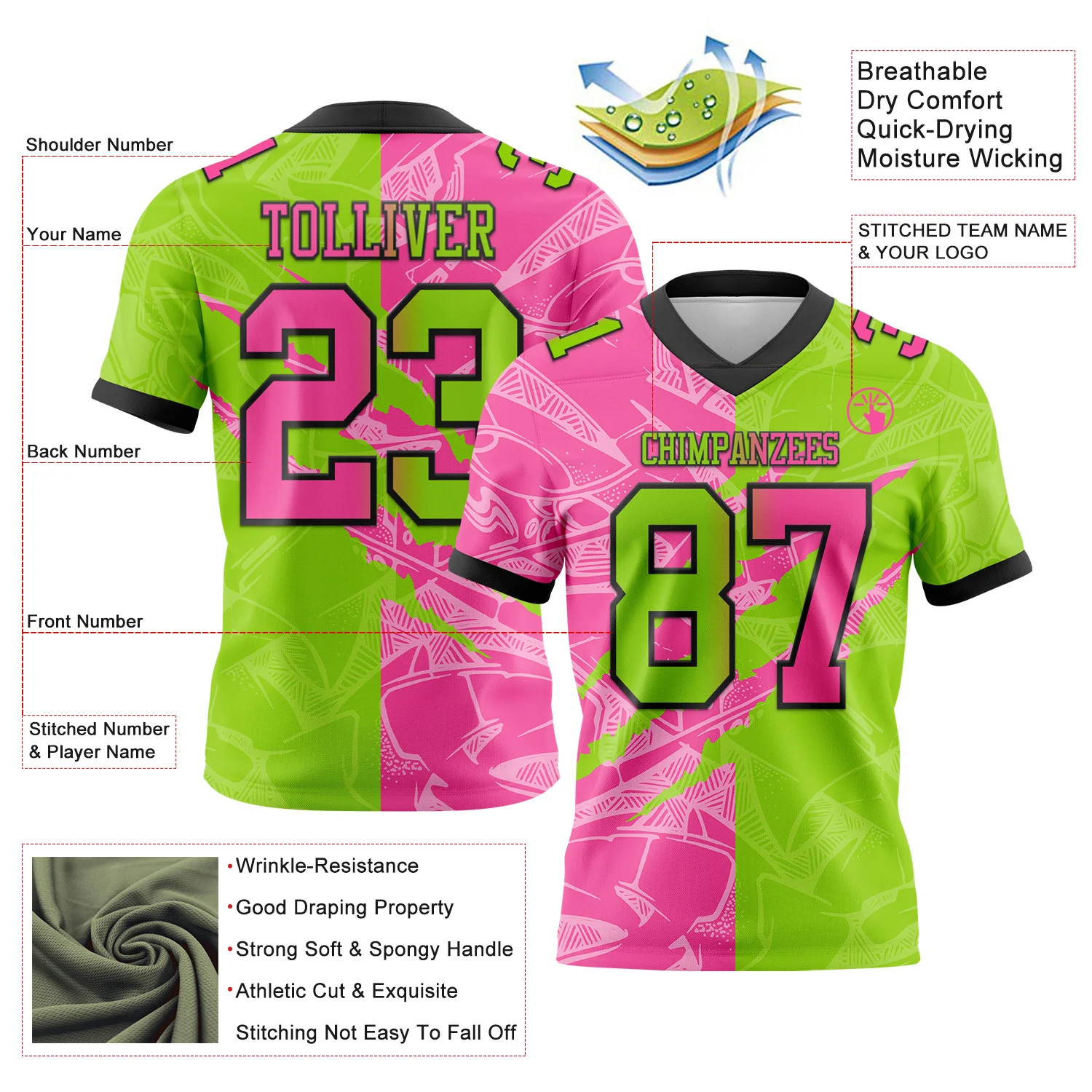 Custom Neon Green Pink-Black Authentic Gradient Fashion Scratch Football Jersey - Image 3