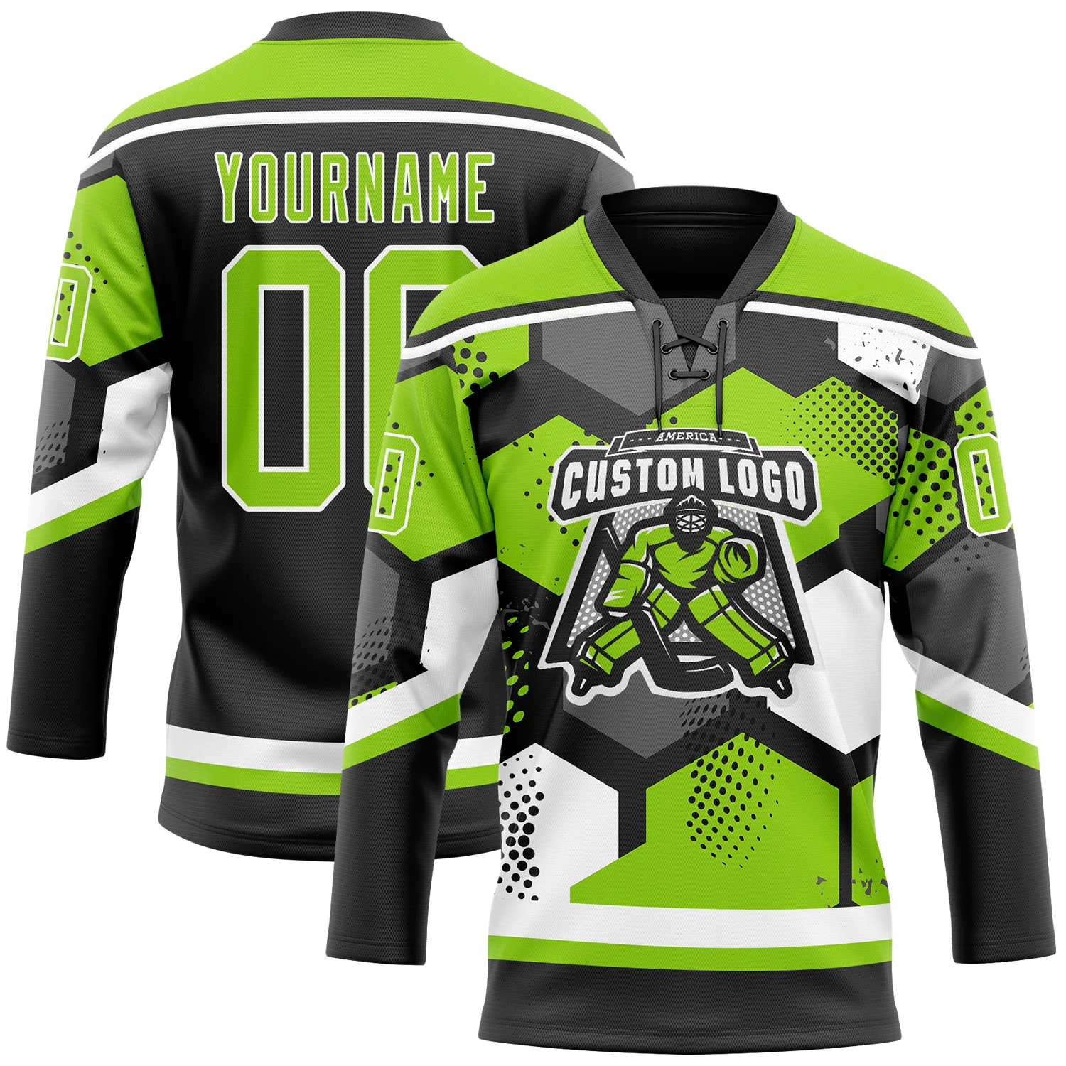 Custom Neon Green Black-White 3D Pattern Geometric Shape Hockey Lace Neck Jersey - Image 2