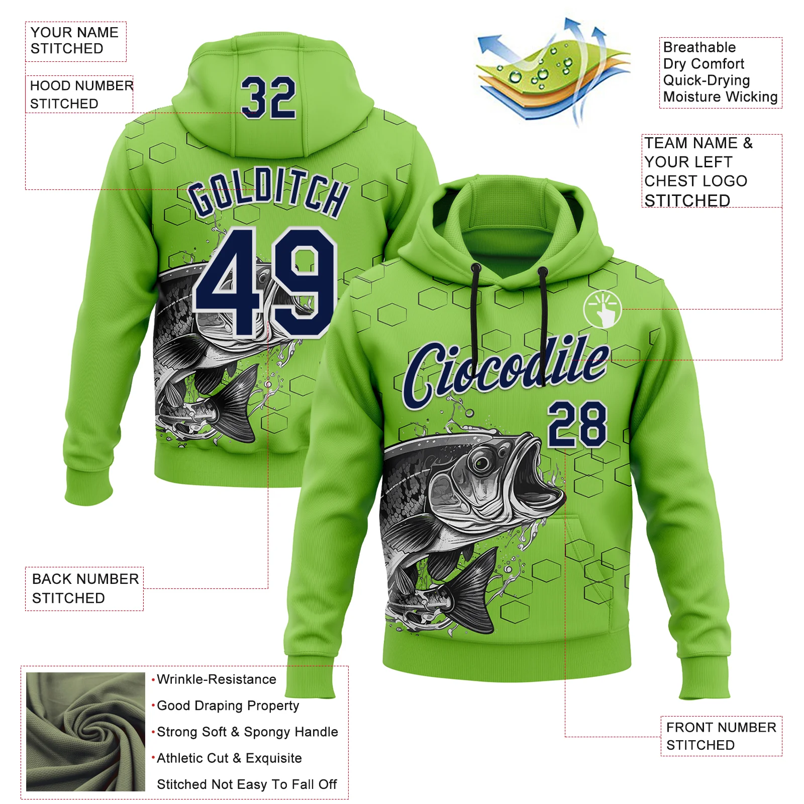 Custom Stitched Neon Green Navy Black-White 3D Pattern Design Sportswear Fishing Pullover Sweatshirt Hoodie - Image 2