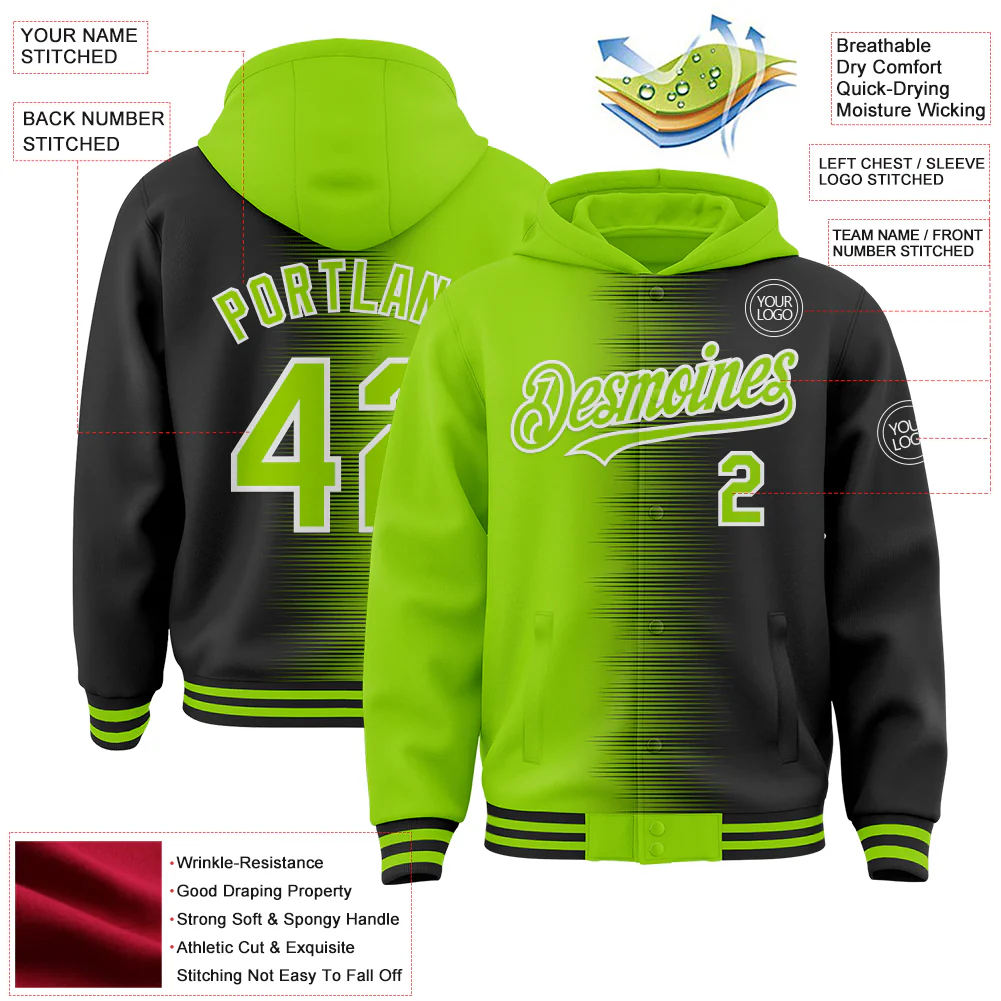 Custom Neon Green Black-White Gradient Line Bomber Full-Snap Varsity Letterman Hoodie Jacket - Image 4