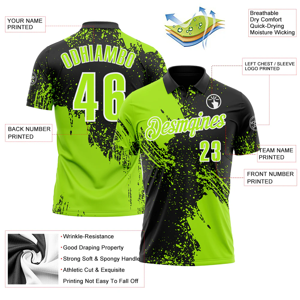 Custom Neon Green Black-White 3D Pattern Design Abstract Brush Stroke Performance Polo Shirt - Image 3