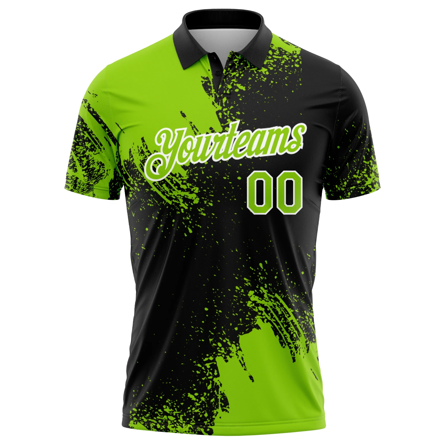 Custom Neon Green Black-White 3D Pattern Design Abstract Brush Stroke Performance Polo Shirt - Image 2