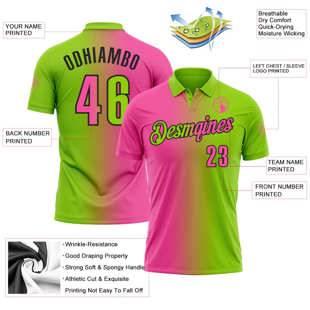 Custom Neon Green Pink-Black 3D Gradient Fashion Performance Polo Shirt - Image 3