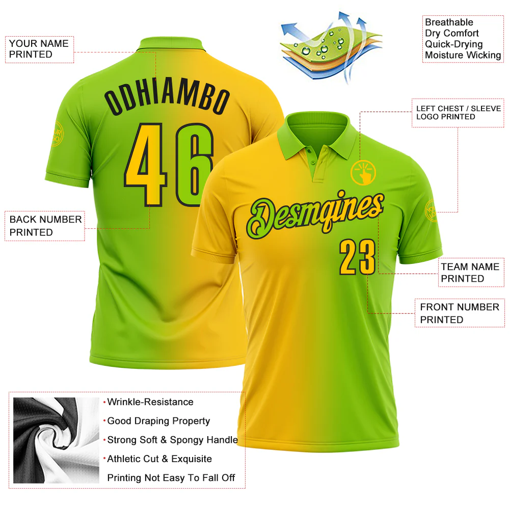 Custom Neon Green Yellow-Black 3D Gradient Fashion Performance Polo Shirt - Image 3