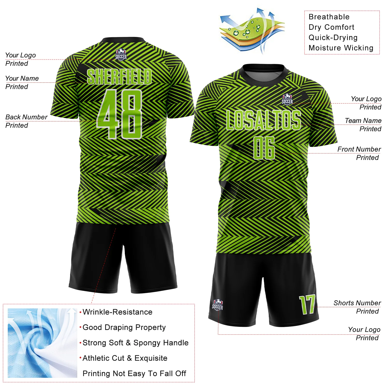 Custom Neon Green Black-White Line Sublimation Soccer Uniform Jersey - Image 4