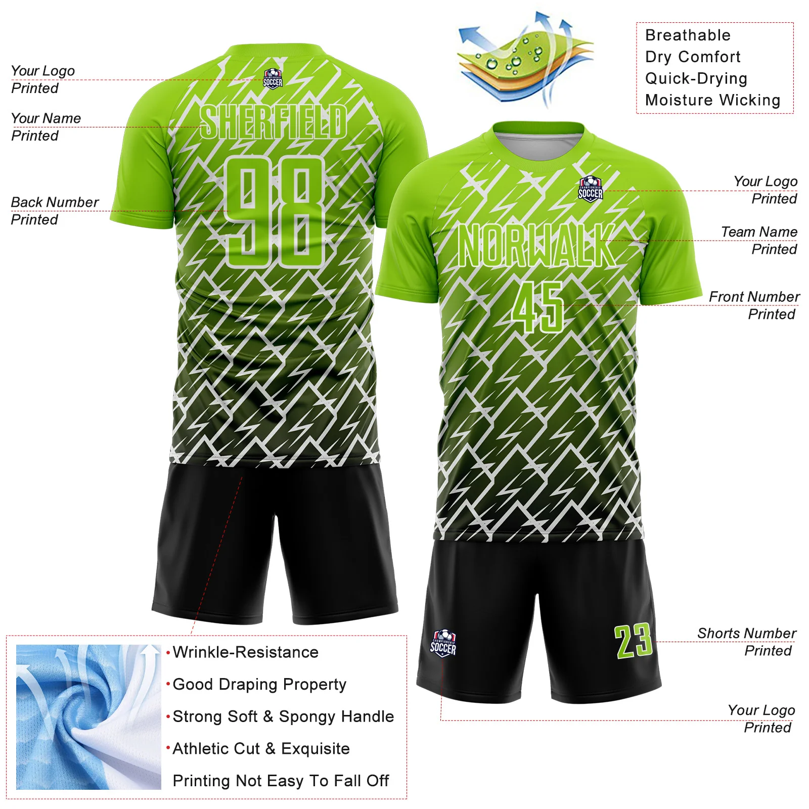 Custom Neon Green Black-White Lightning Sports Sublimation Soccer Uniform Jersey - Image 4