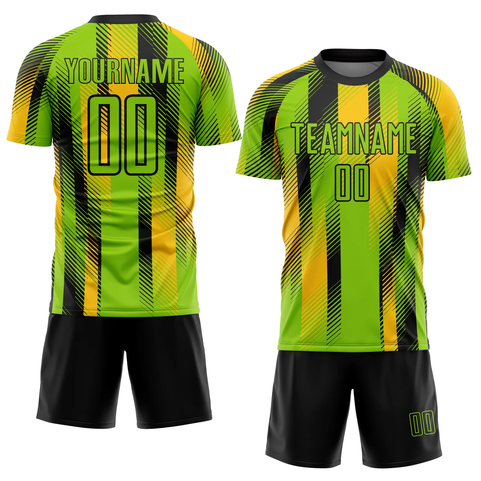 Custom Neon Green Black-Yellow Diagonal Stripe Sports Sublimation Soccer Uniform Jersey - Image 2