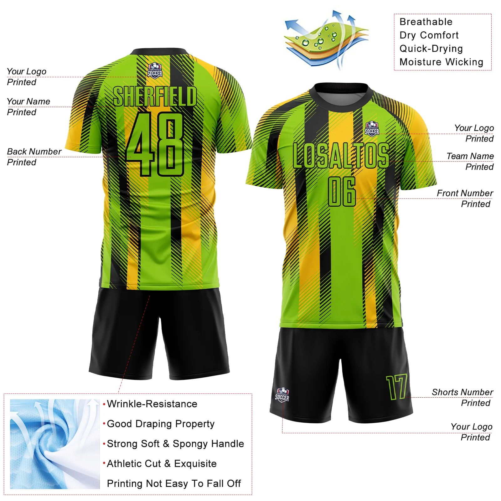 Custom Neon Green Black-Yellow Diagonal Stripe Sports Sublimation Soccer Uniform Jersey - Image 4