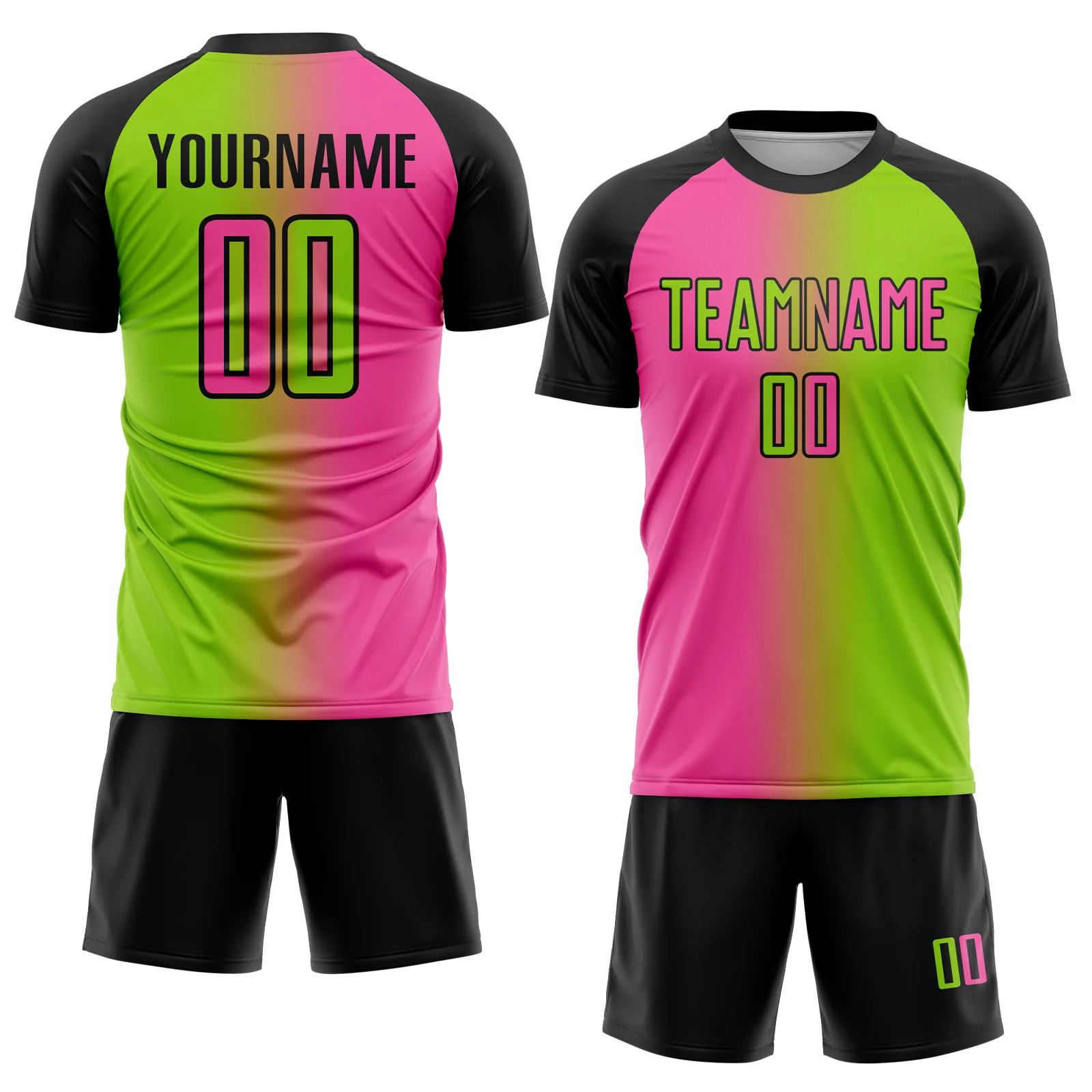 Custom Neon Green Pink-Black Sublimation Gradient Fashion Soccer Uniform Jersey - Image 2