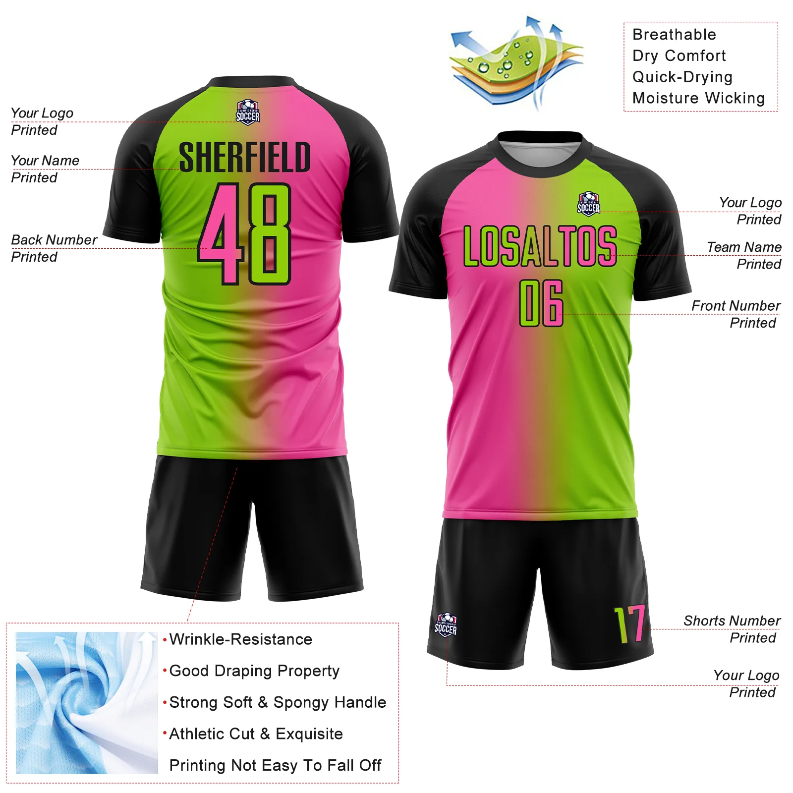 Custom Neon Green Pink-Black Sublimation Gradient Fashion Soccer Uniform Jersey - Image 4