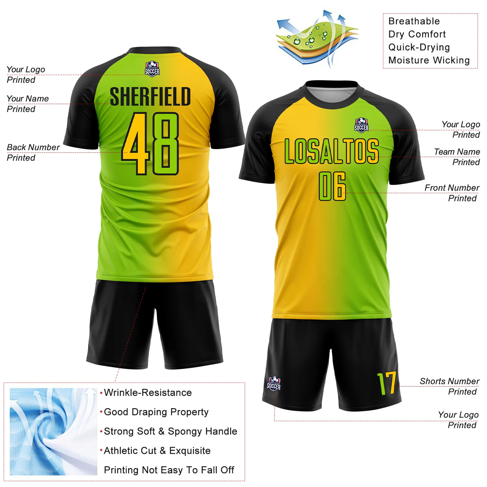 Custom Neon Green Yellow-Black Sublimation Gradient Fashion Soccer Uniform Jersey - Image 4