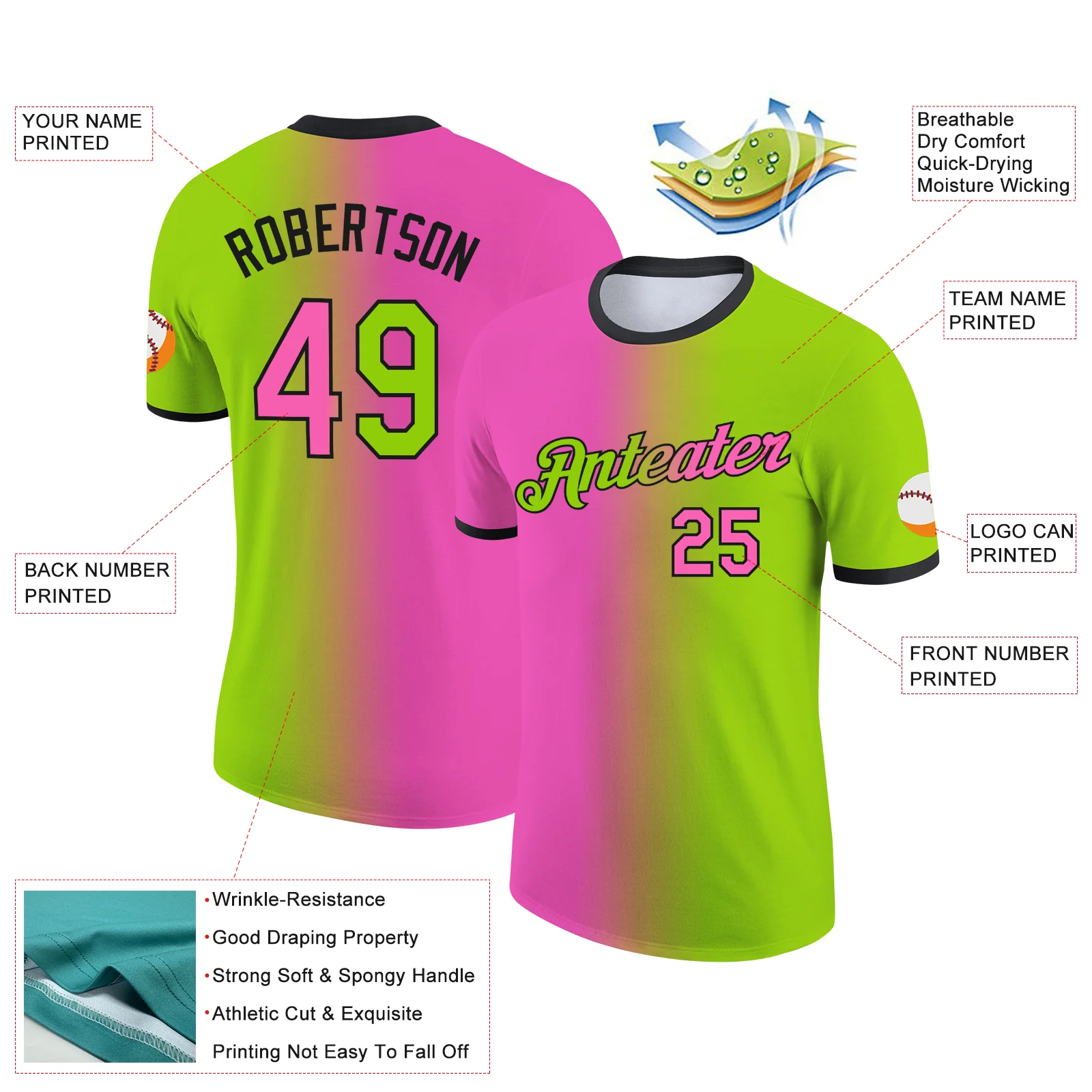 Custom Neon Green Pink-Black Gradient Fashion Performance T-Shirt - Image 2