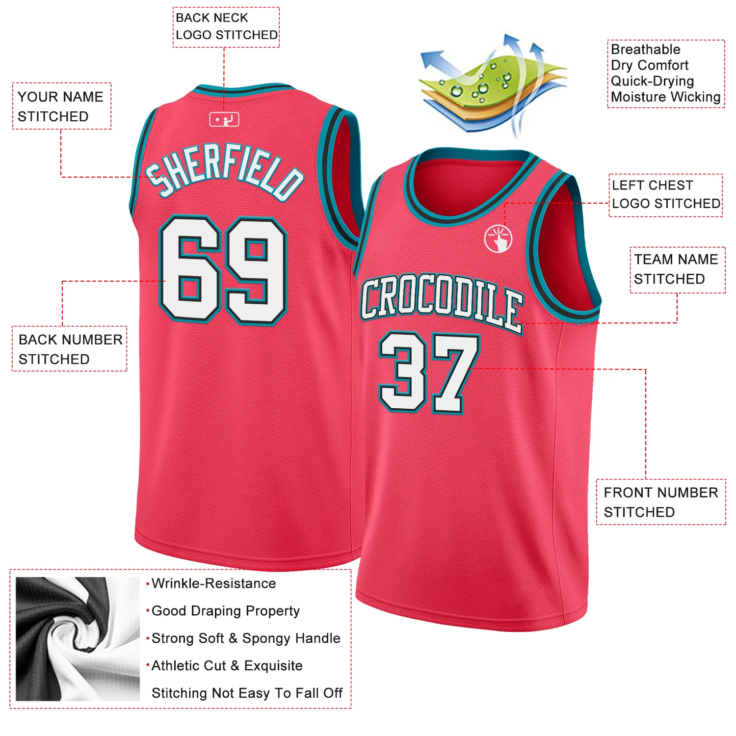 Custom Neon Pink White Black-Teal Authentic Basketball Jersey - Image 2