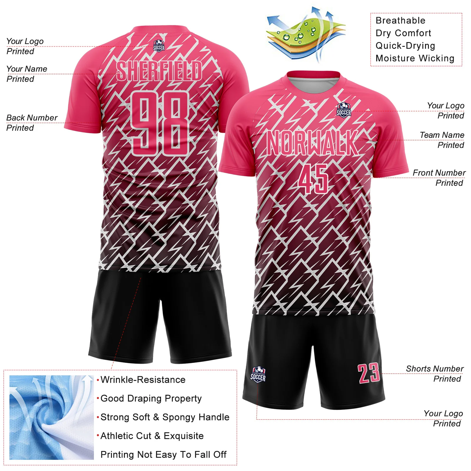 Custom Neon Pink Black-White Lightning Sports Sublimation Soccer Uniform Jersey - Image 4