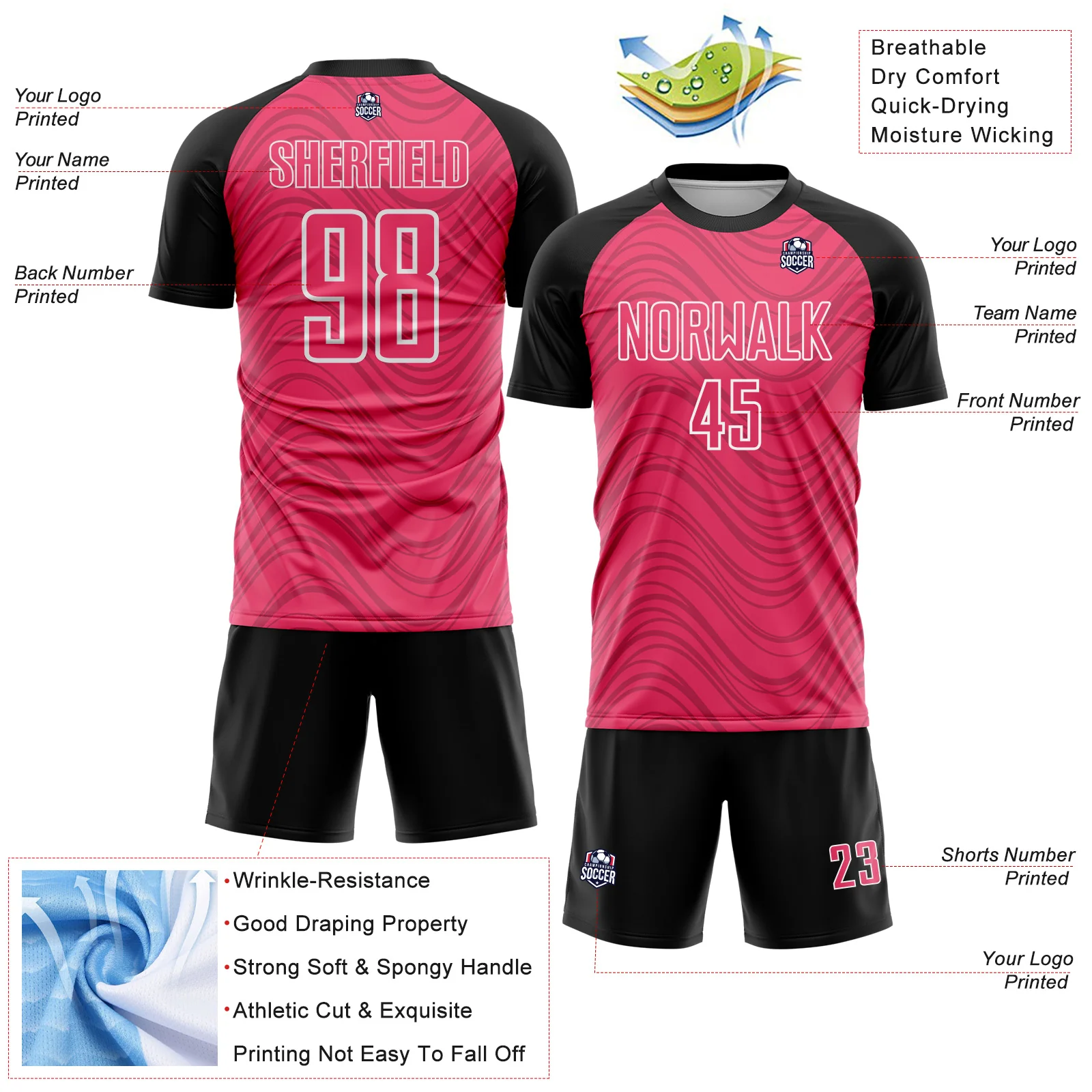 Custom Neon Pink Black-White Wavy Lines Sports Sublimation Soccer Uniform Jersey - Image 4