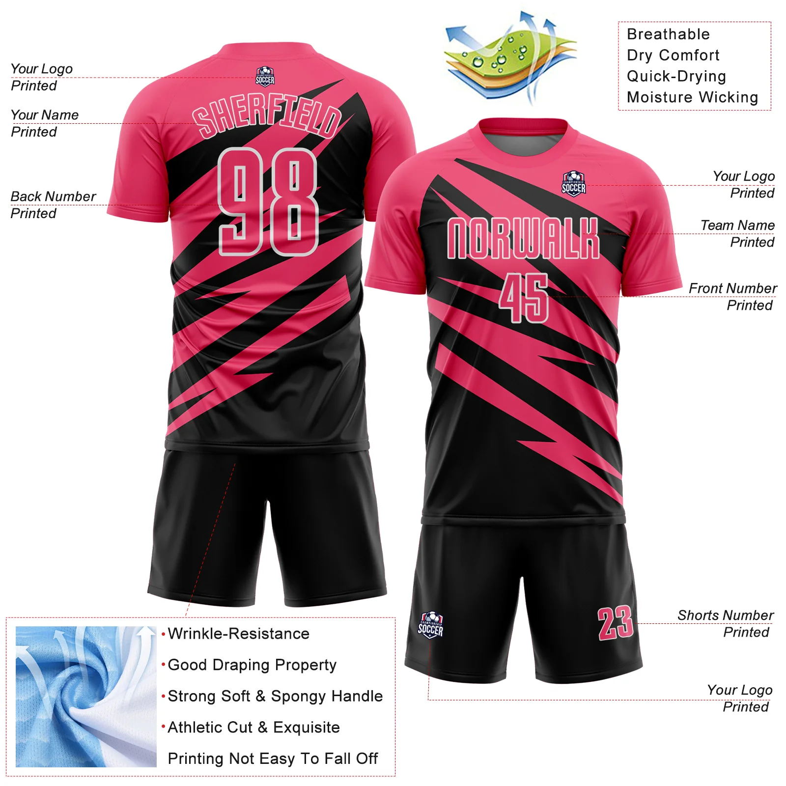Custom Neon Pink Black-White Abstract Line Sports Sublimation Soccer Uniform Jersey - Image 4