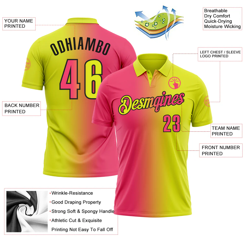 Custom Neon Yellow Neon Pink-Black 3D Gradient Fashion Performance Polo Shirt - Image 3
