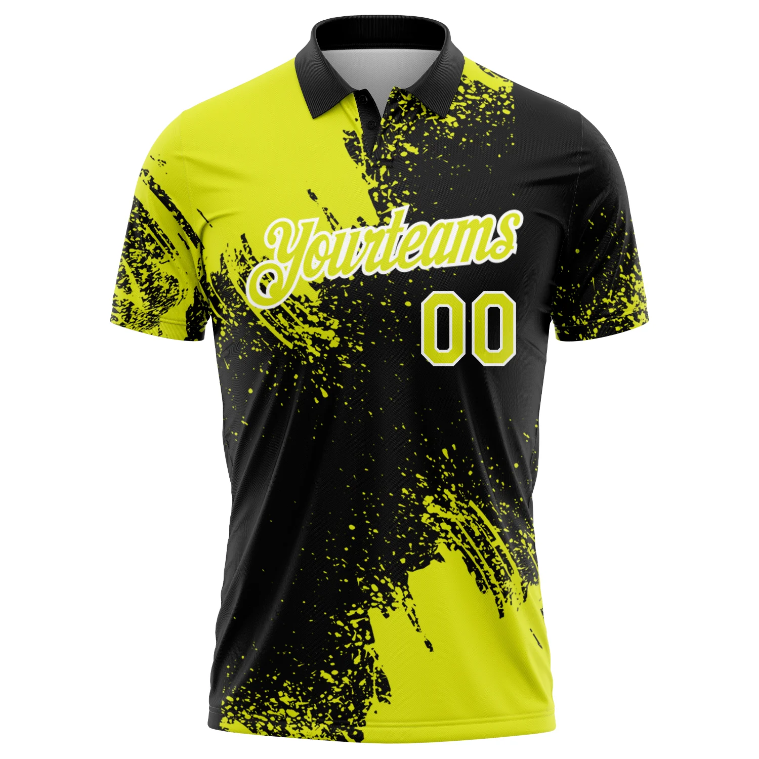 Custom Neon Yellow Black-White 3D Pattern Design Abstract Brush Stroke Performance Polo Shirt - Image 2