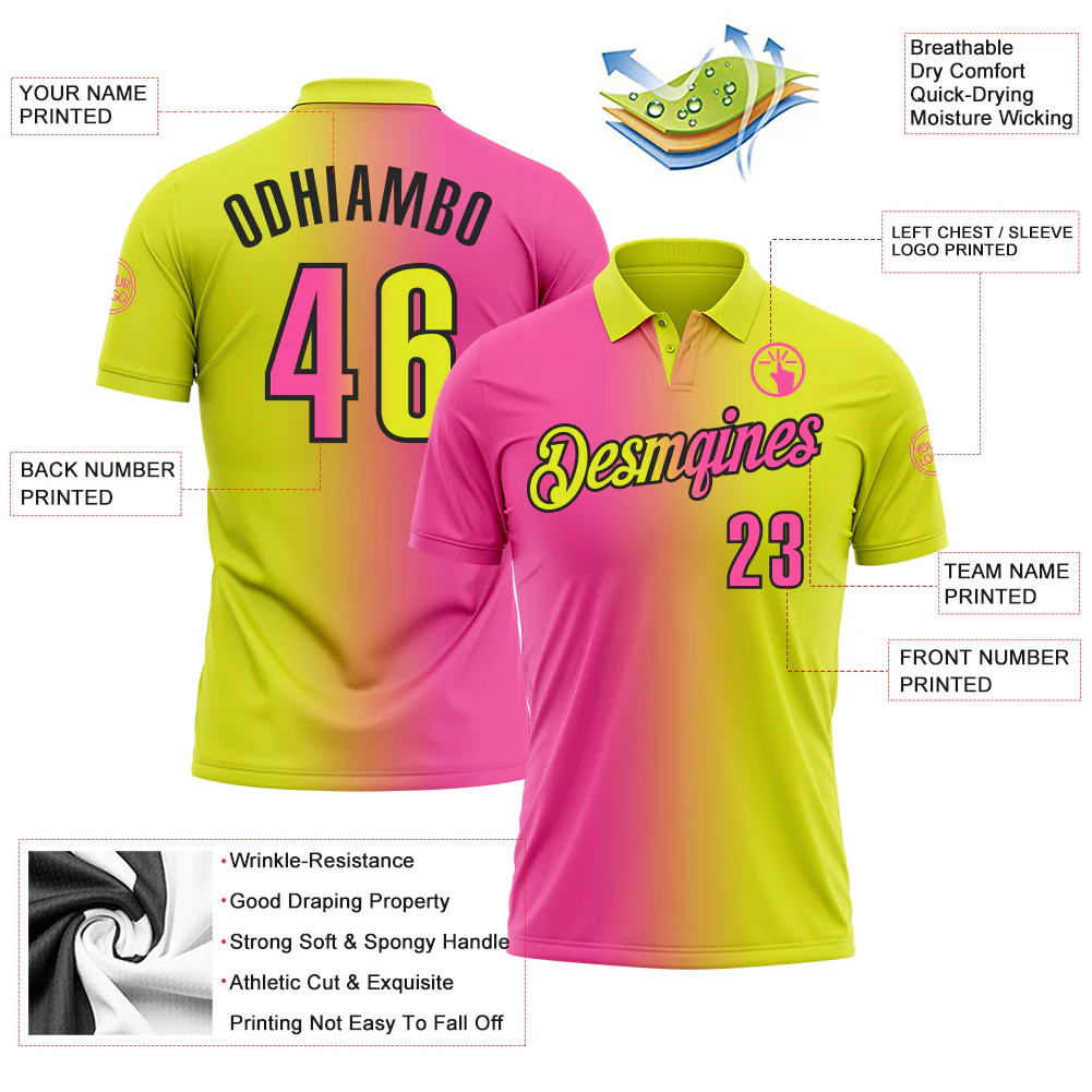 Custom Neon Yellow Pink-Black 3D Gradient Fashion Performance Polo Shirt - Image 3
