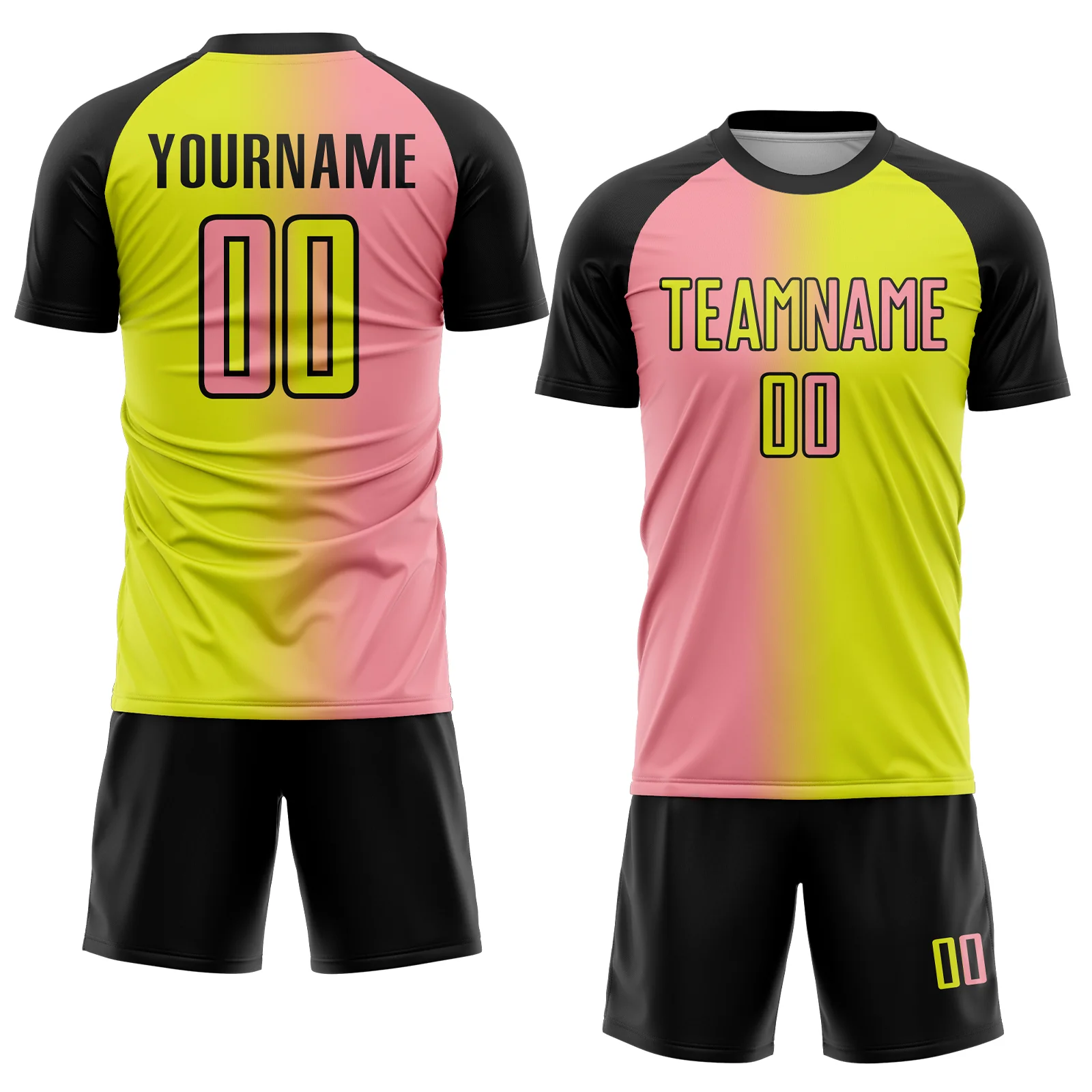 Custom Neon Yellow Medium Pink-Black Sublimation Gradient Fashion Soccer Uniform Jersey - Image 2