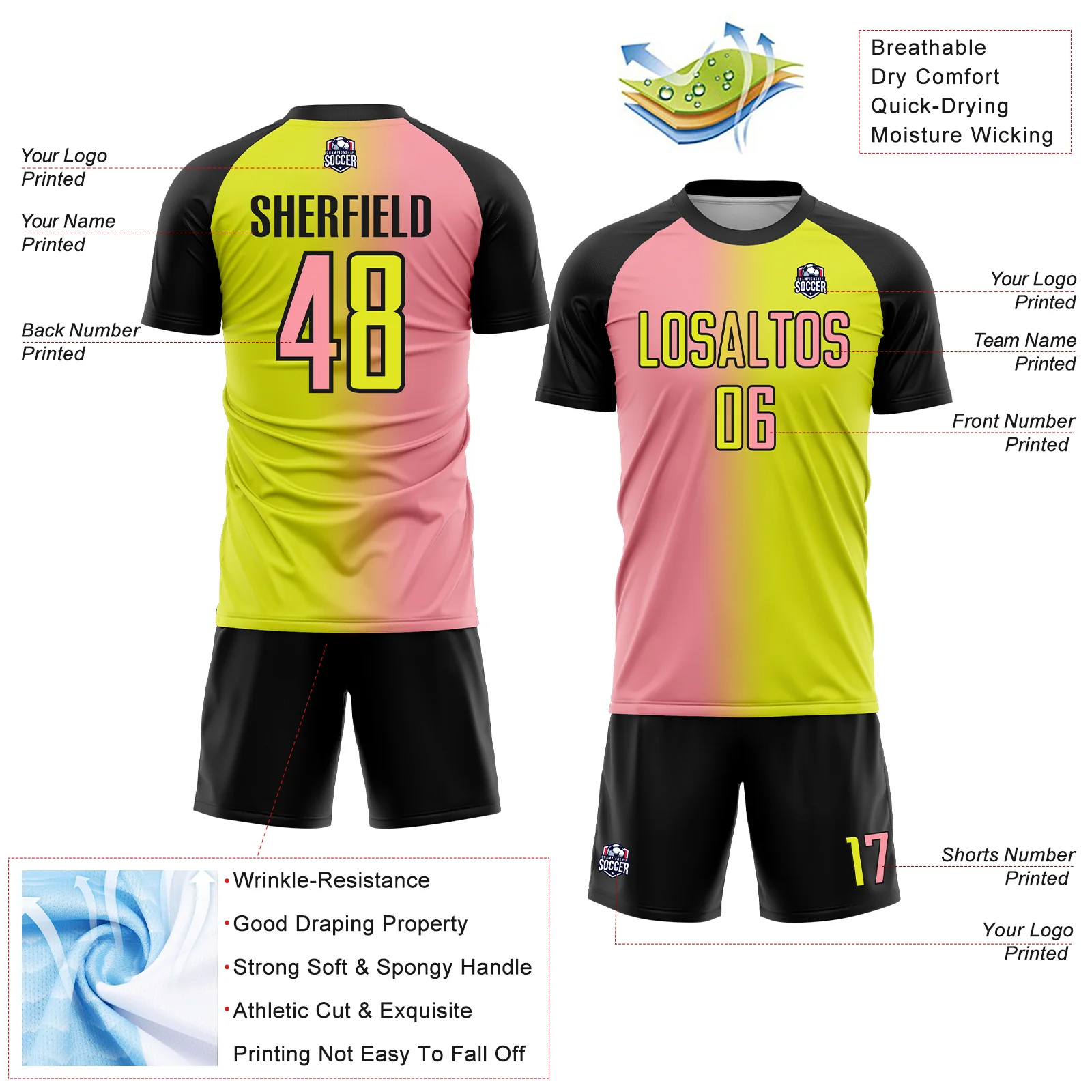 Custom Neon Yellow Medium Pink-Black Sublimation Gradient Fashion Soccer Uniform Jersey - Image 4