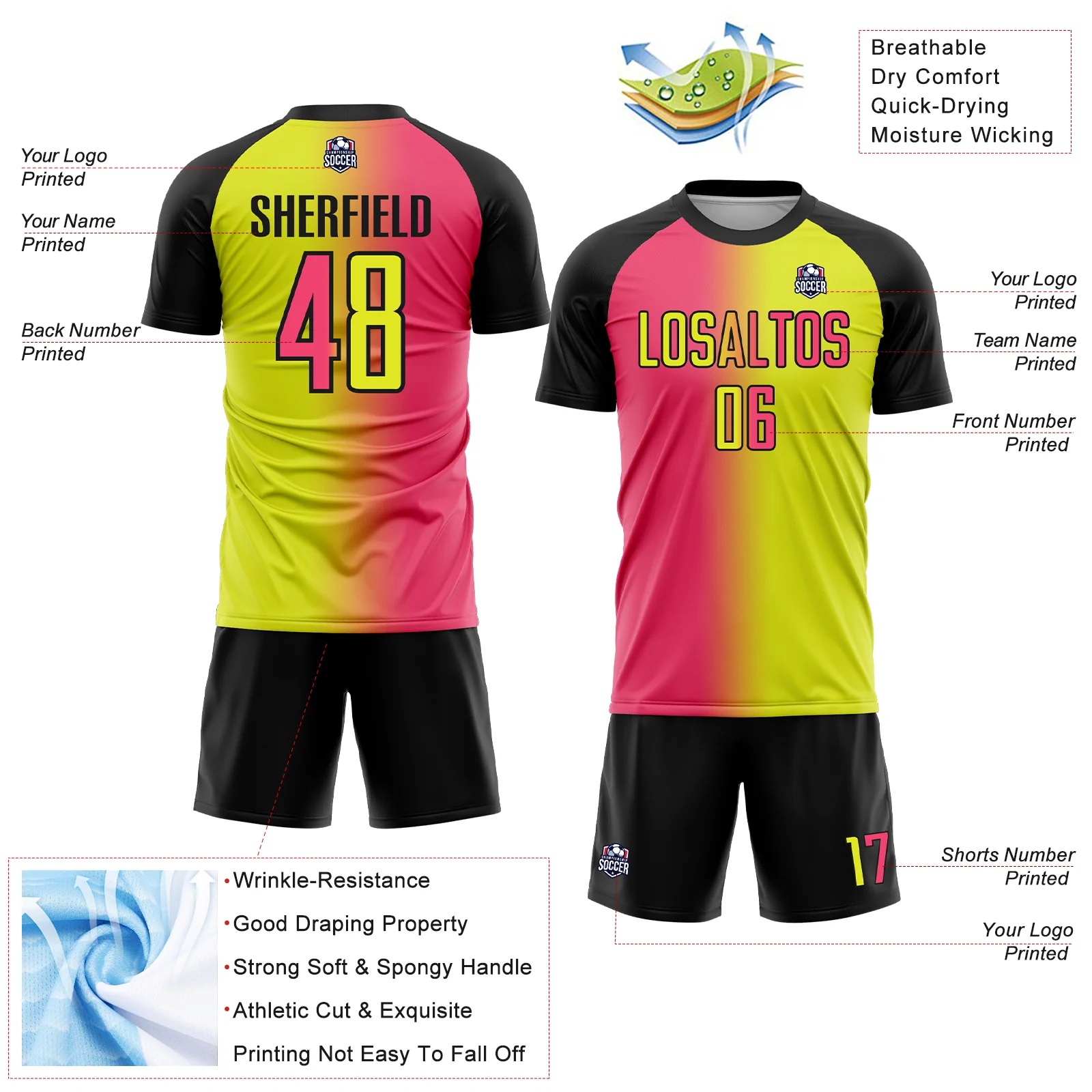 Custom Neon Yellow Neon Pink-Black Sublimation Gradient Fashion Soccer Uniform Jersey - Image 4
