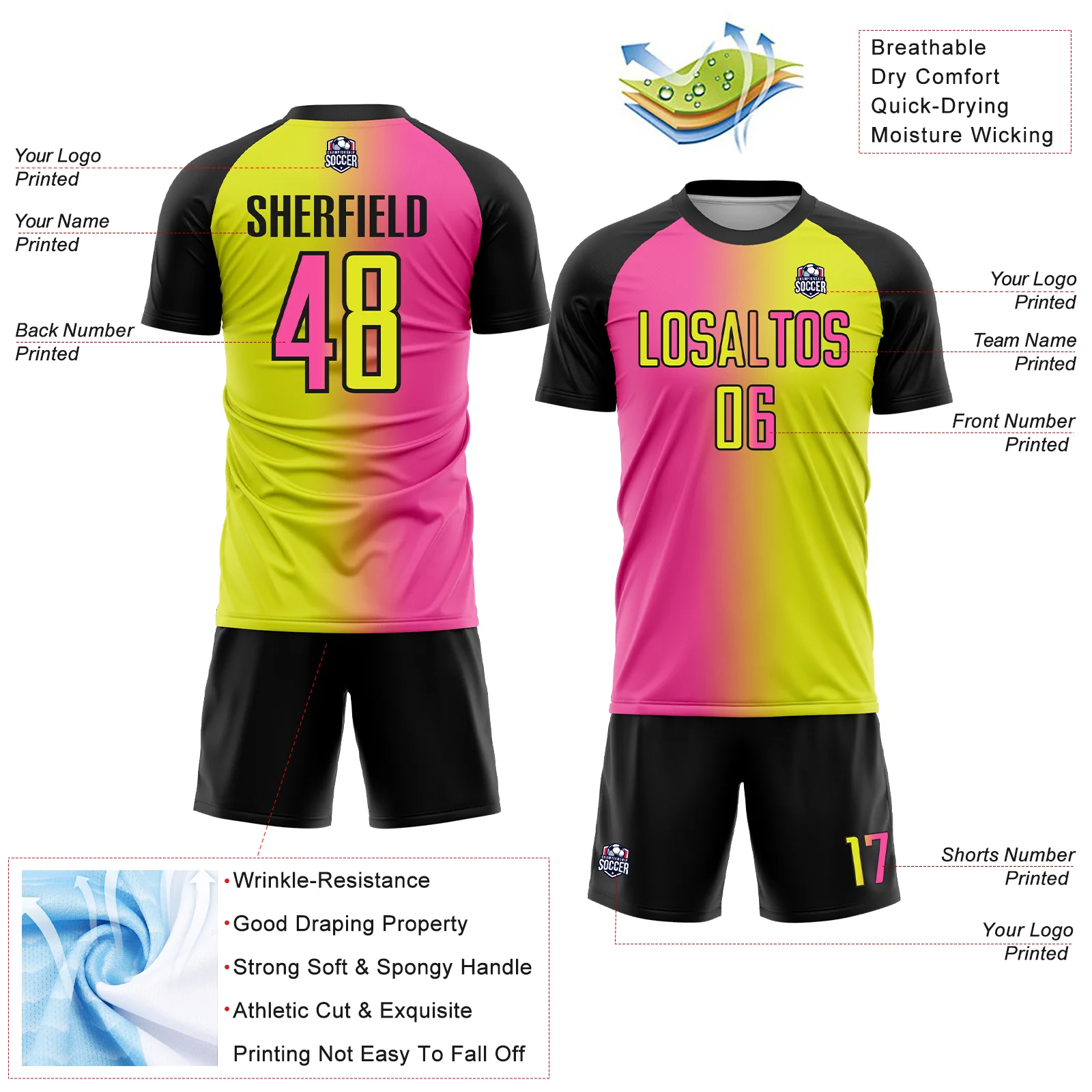 Custom Neon Yellow Pink-Black Sublimation Gradient Fashion Soccer Uniform Jersey - Image 4