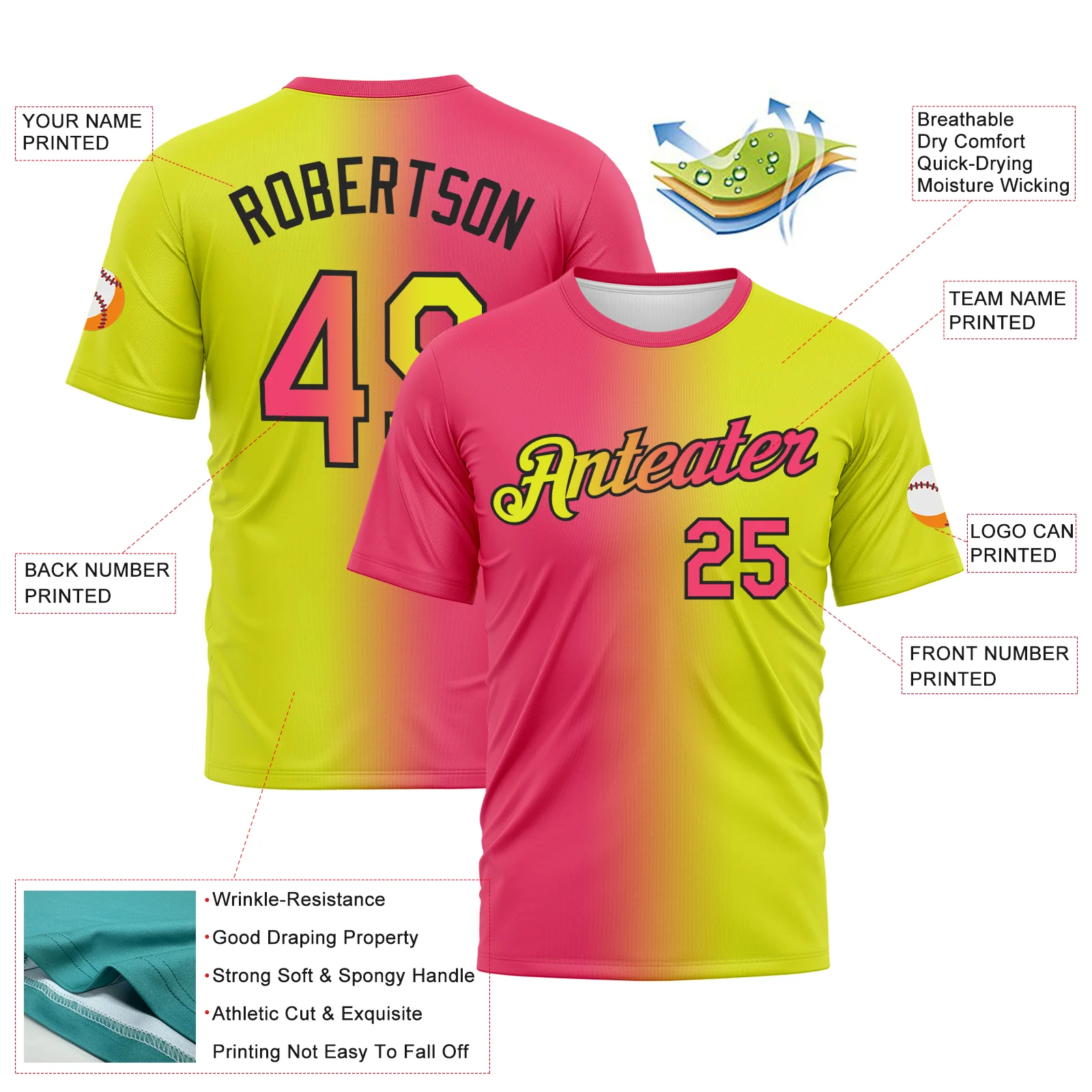 Custom Neon Yellow Neon Pink-Black Gradient Fashion Performance T-Shirt - Image 3