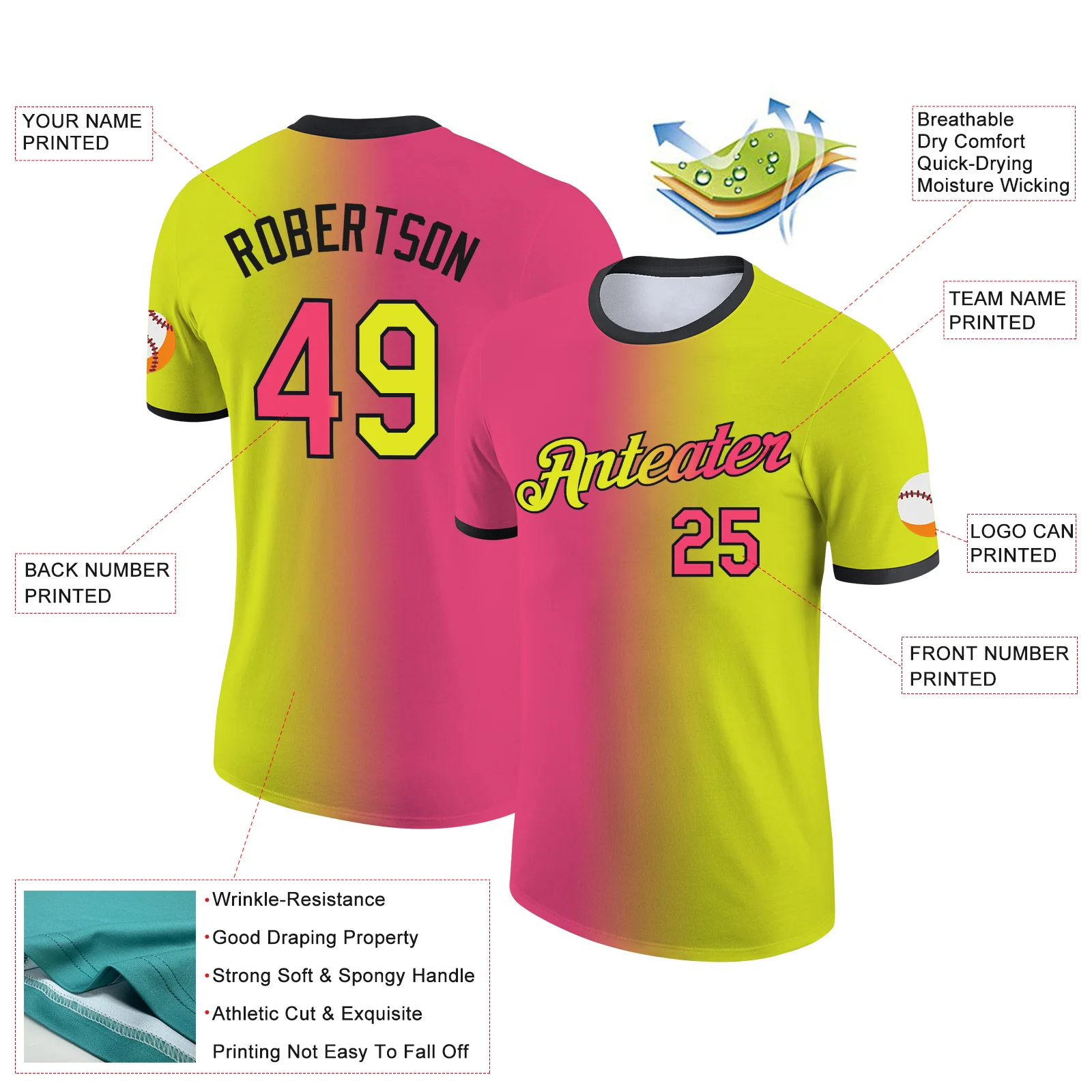 Custom Neon Yellow Neon Pink-Black Gradient Fashion Performance T-Shirt - Image 2