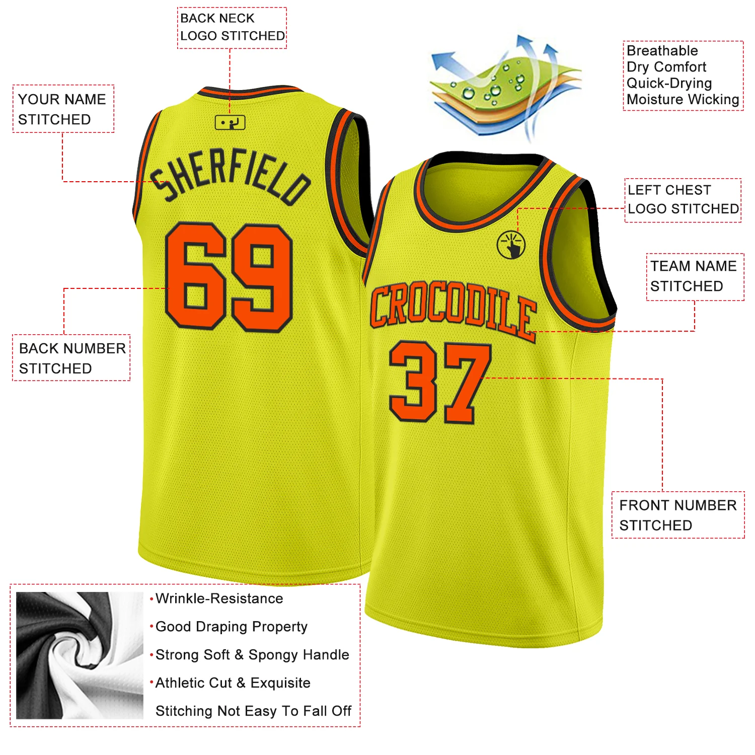 Custom Neon Yellow Orange-Black Authentic Basketball Jersey - Image 2
