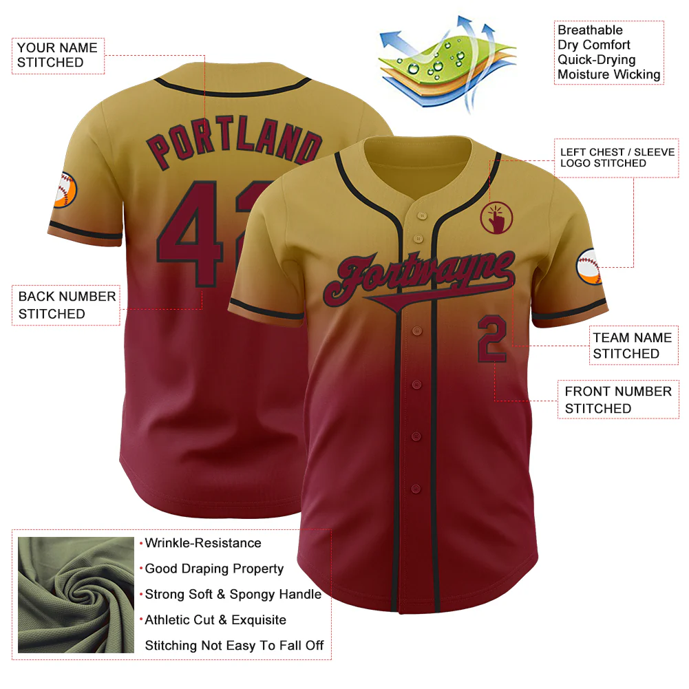 Custom Old Gold Crimson-Black Authentic Fade Fashion Baseball Jersey - Image 3