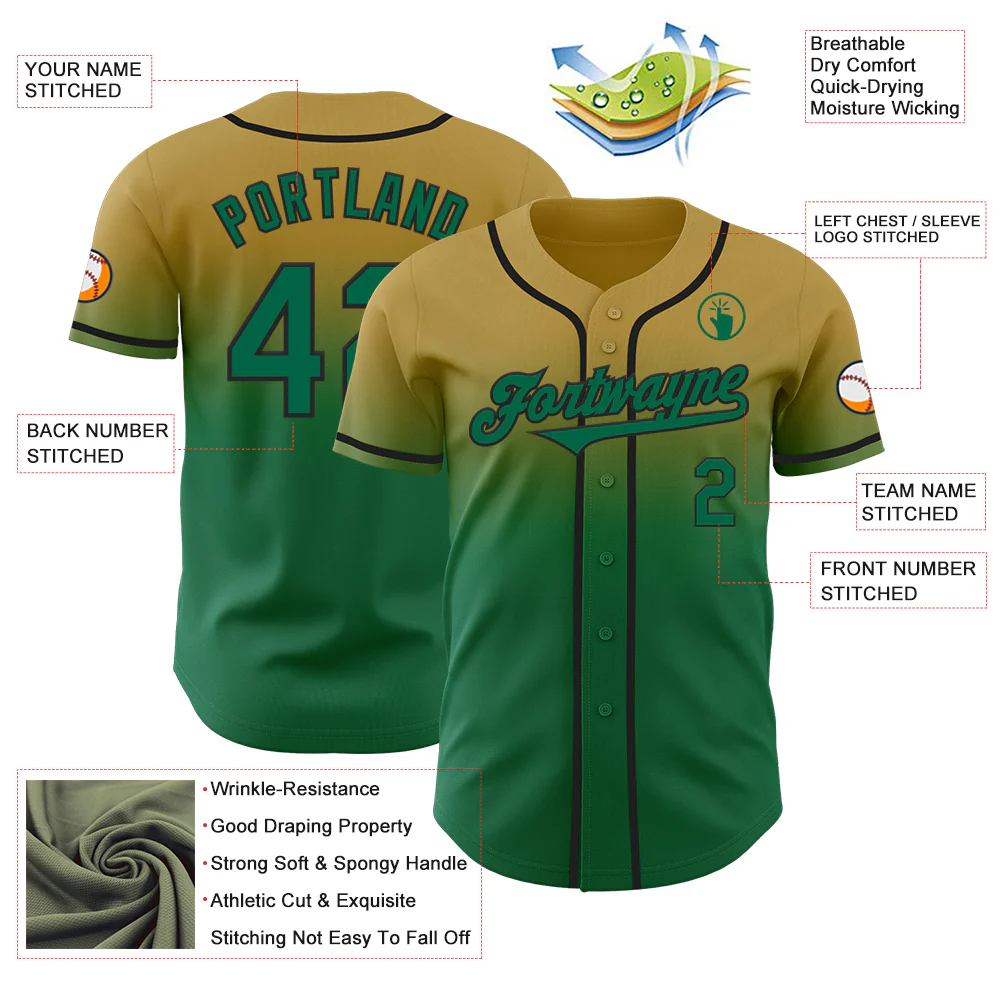 Custom Old Gold Kelly Green-Black Authentic Fade Fashion Baseball Jersey - Image 3