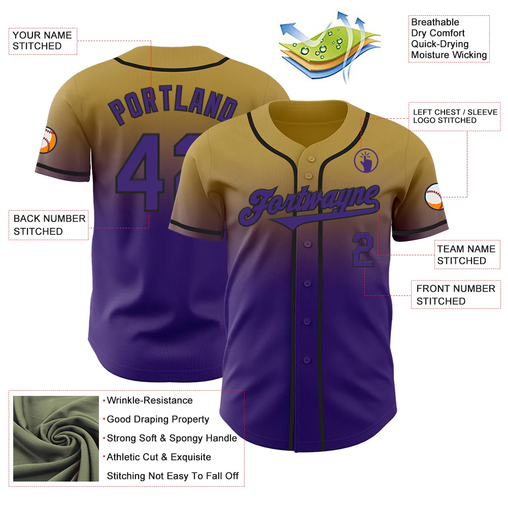 Custom Old Gold Purple-Black Authentic Fade Fashion Baseball Jersey - Image 3