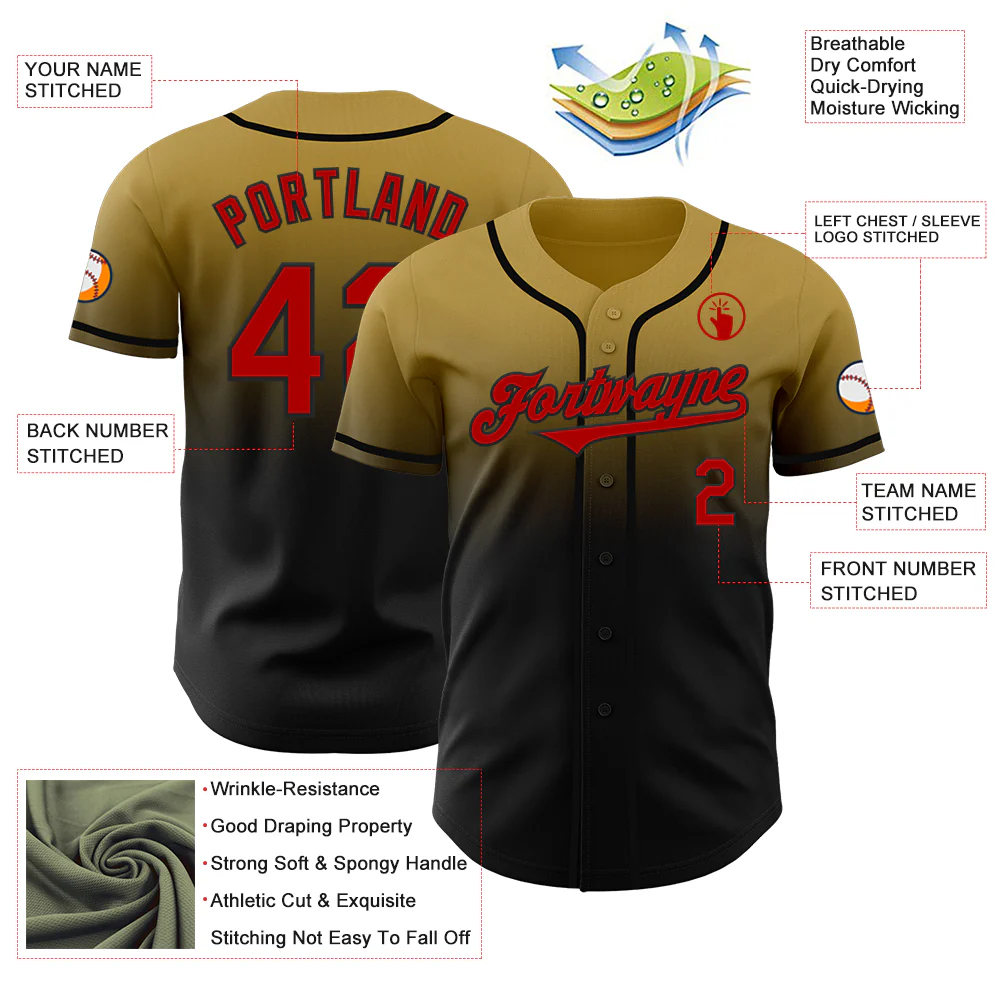 Custom Old Gold Red-Black Authentic Fade Fashion Baseball Jersey - Image 3
