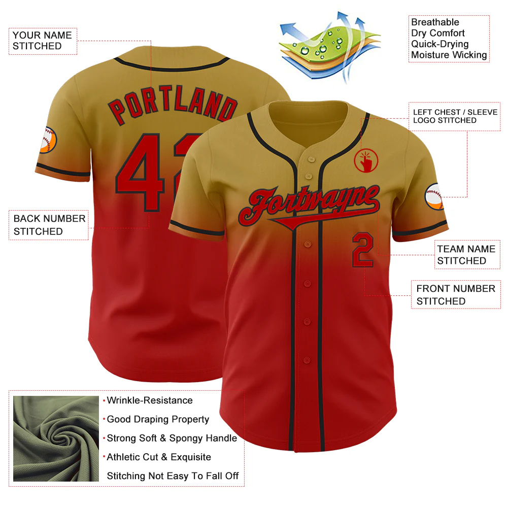 Custom Old Gold Red-Black Authentic Fade Fashion Baseball Jersey - Image 3