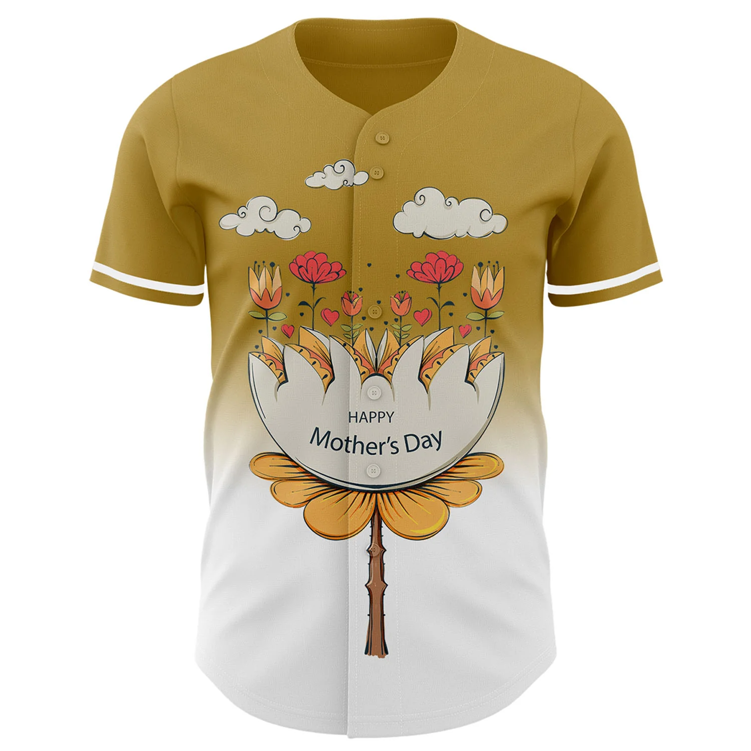 Custom Old Gold White-Black 3D Pattern Design Gradient Mother's Day Flower Authentic Baseball Jersey - Image 2