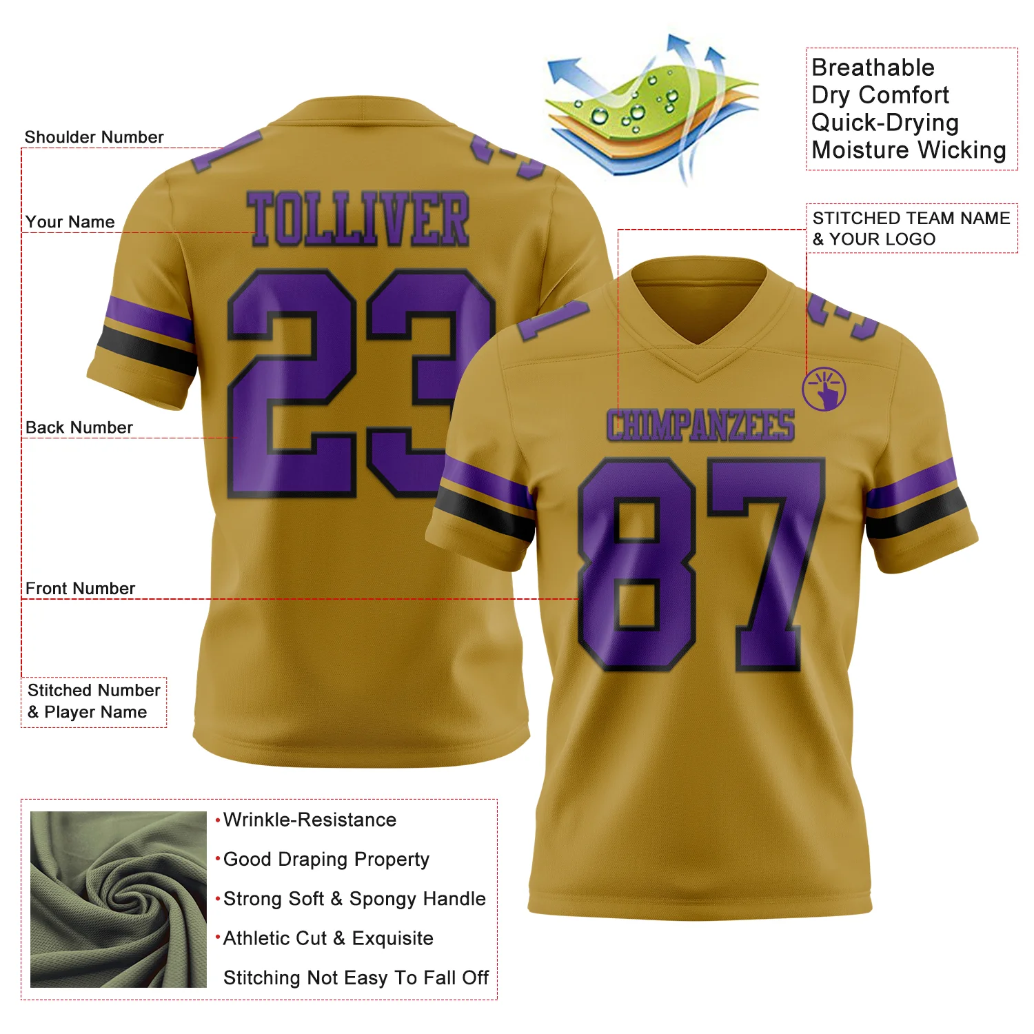 Custom Old Gold Purple-Black Authentic Football Jersey - Image 3