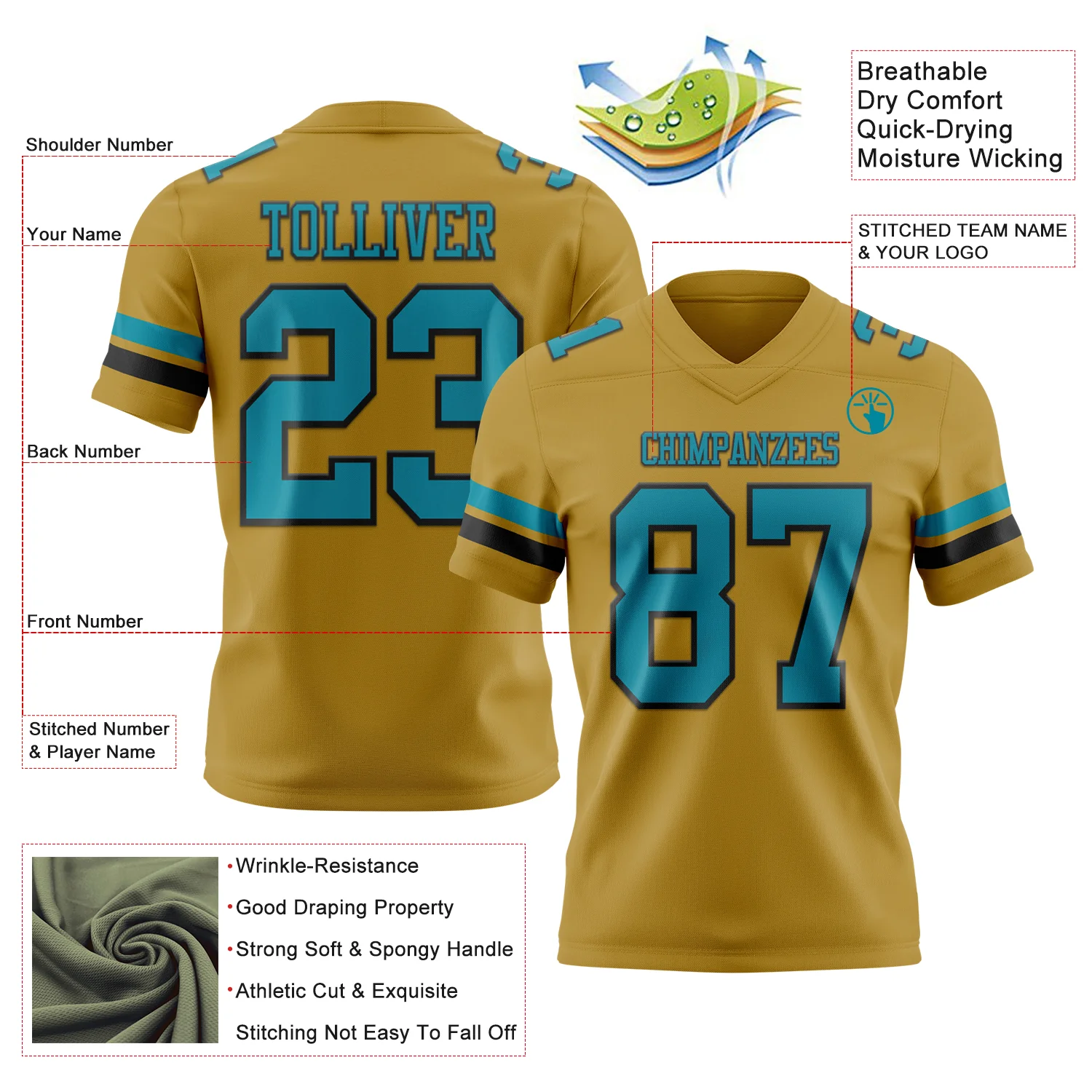 Custom Old Gold Teal-Black Authentic Football Jersey - Image 3
