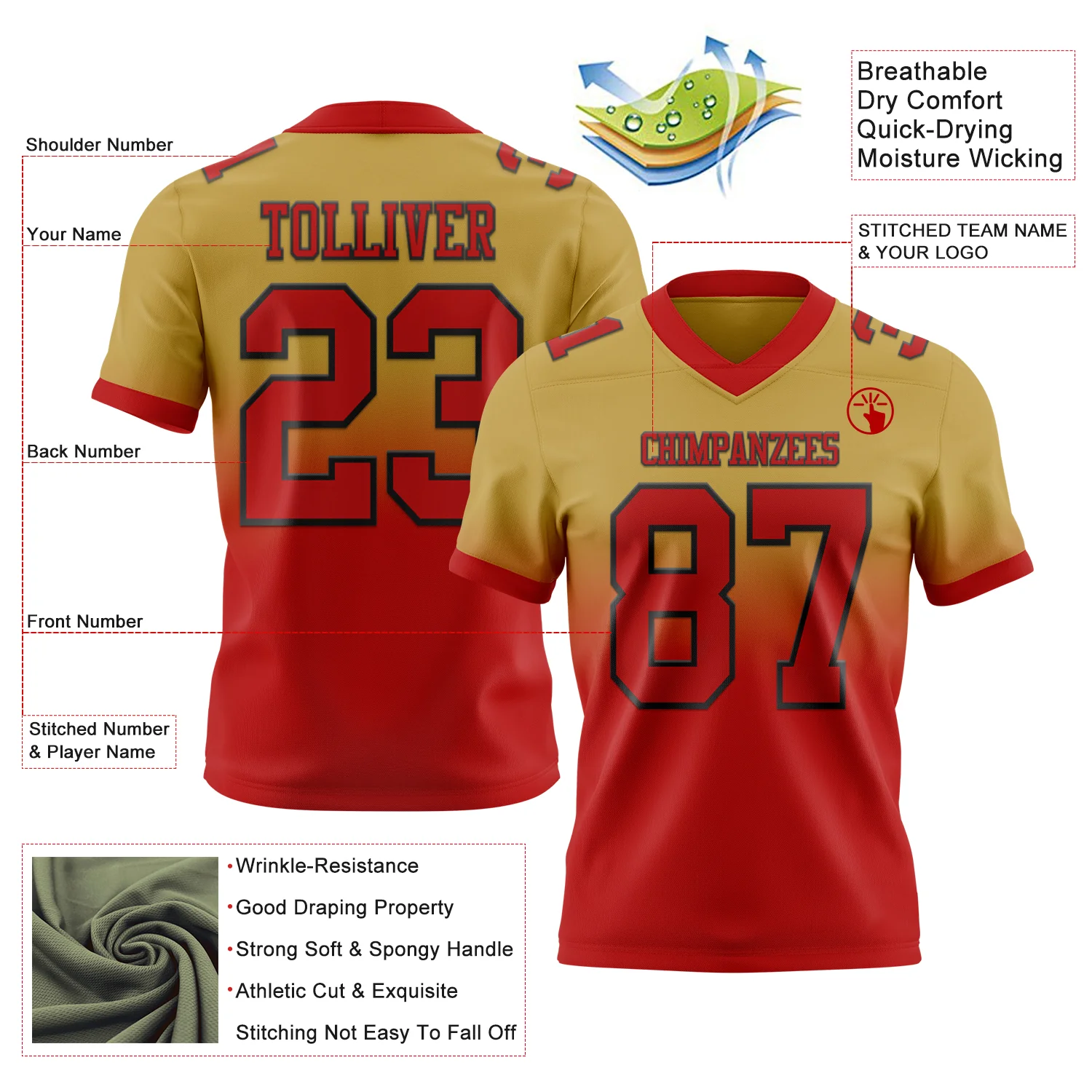 Custom Old Gold White-Black Authentic Fade Fashion Football Jersey - Image 2