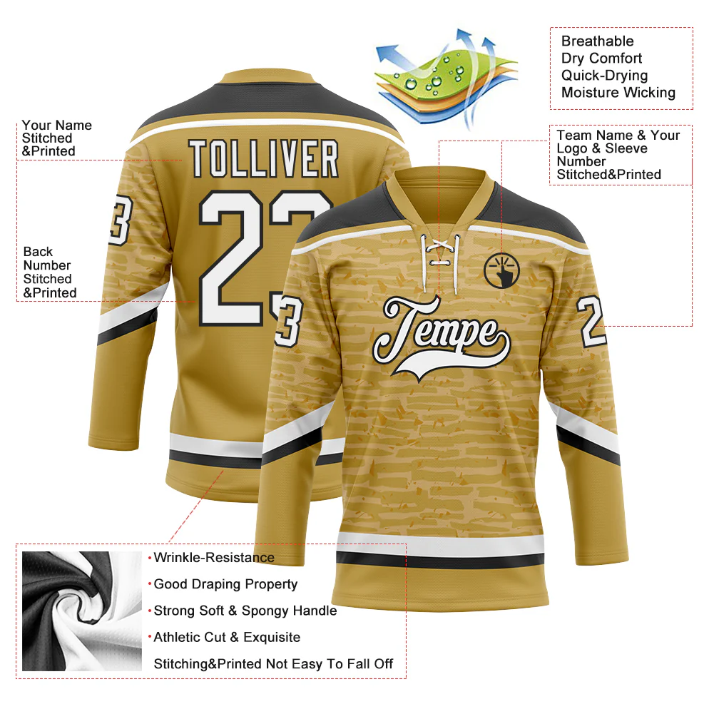 Custom Old Gold White-Black 3D Pattern Fragment Art Hockey Lace Neck Jersey - Image 3