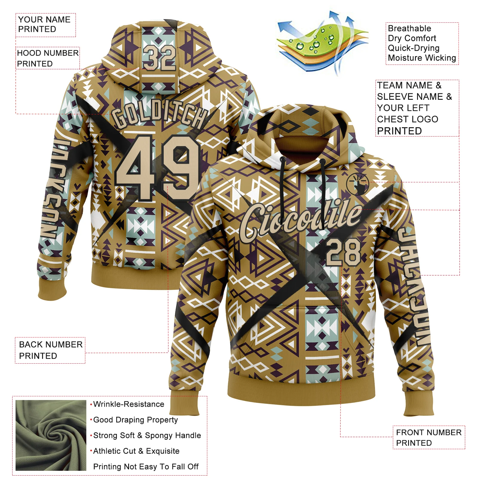 Custom Old Gold City Cream-Black 3D Pattern Design Western Cowboy Tribal Ethnic Sports Pullover Sweatshirt Hoodie - Image 2