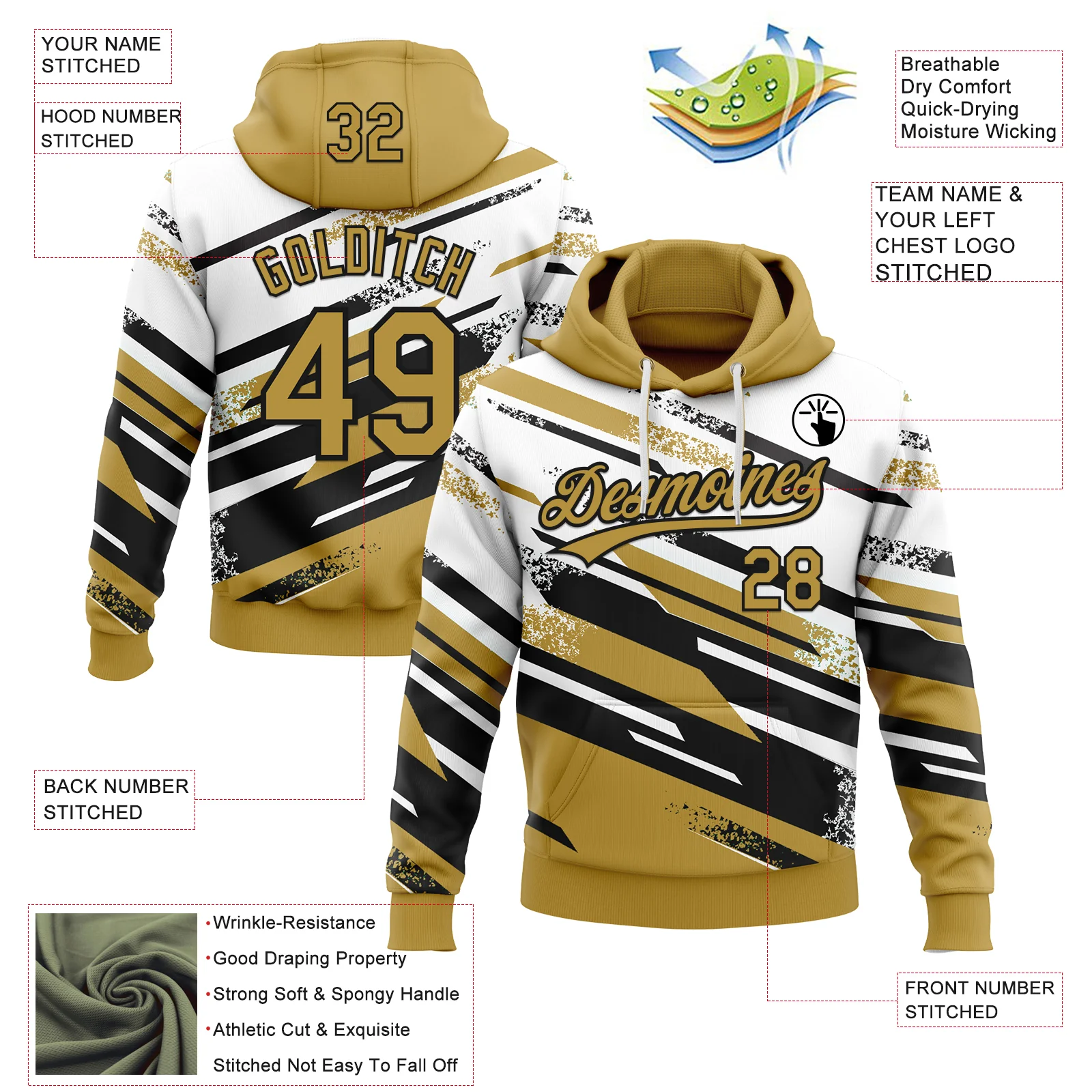 Custom Stitched Old Gold Black-White 3D Pattern Design Line Sportswear Pullover Sweatshirt Hoodie - Image 2
